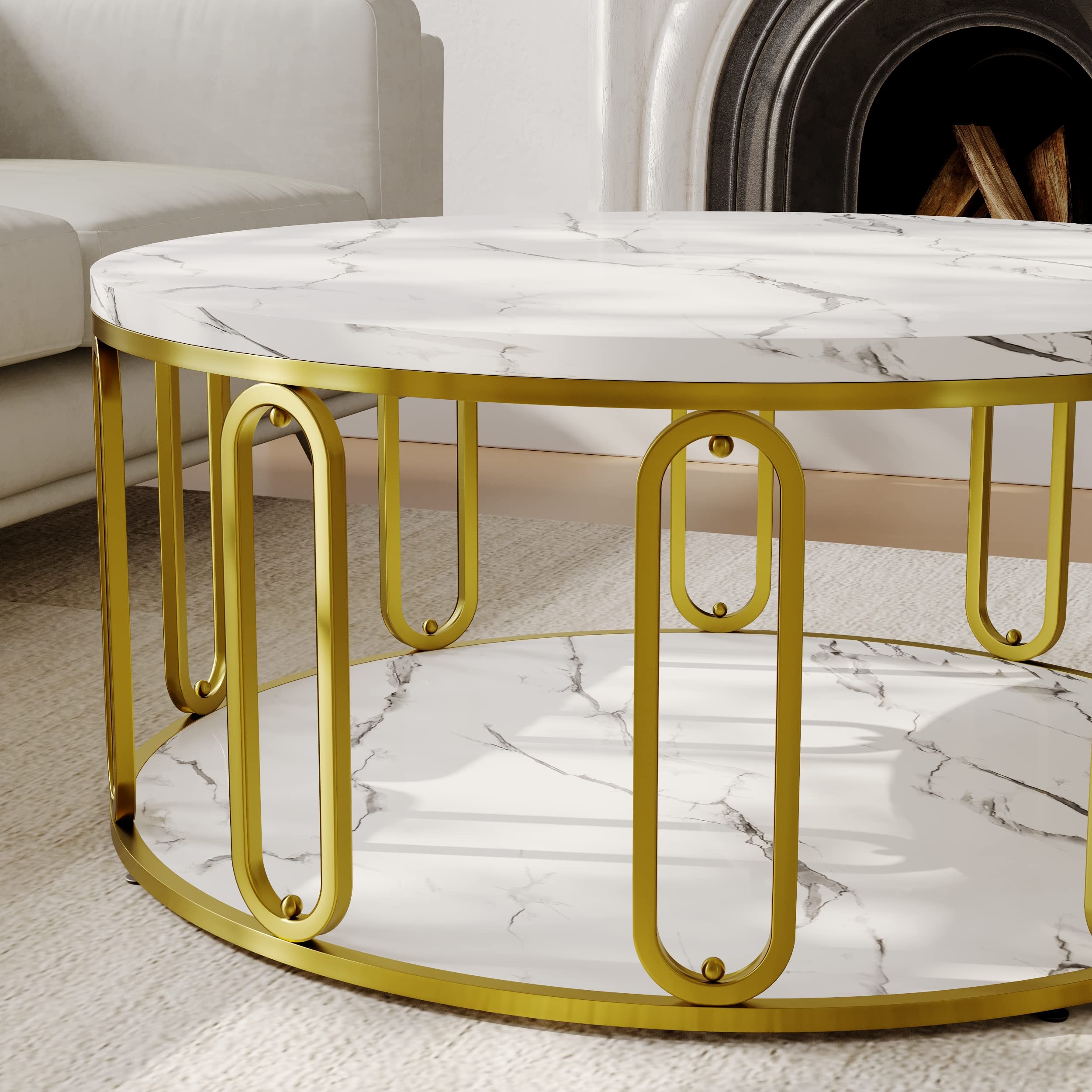 Easyzon Round Coffee Table, Wooden Marble Pattern Coffee Table with Round Open Storage, Solid Golden Metal Legs for Living Room, White