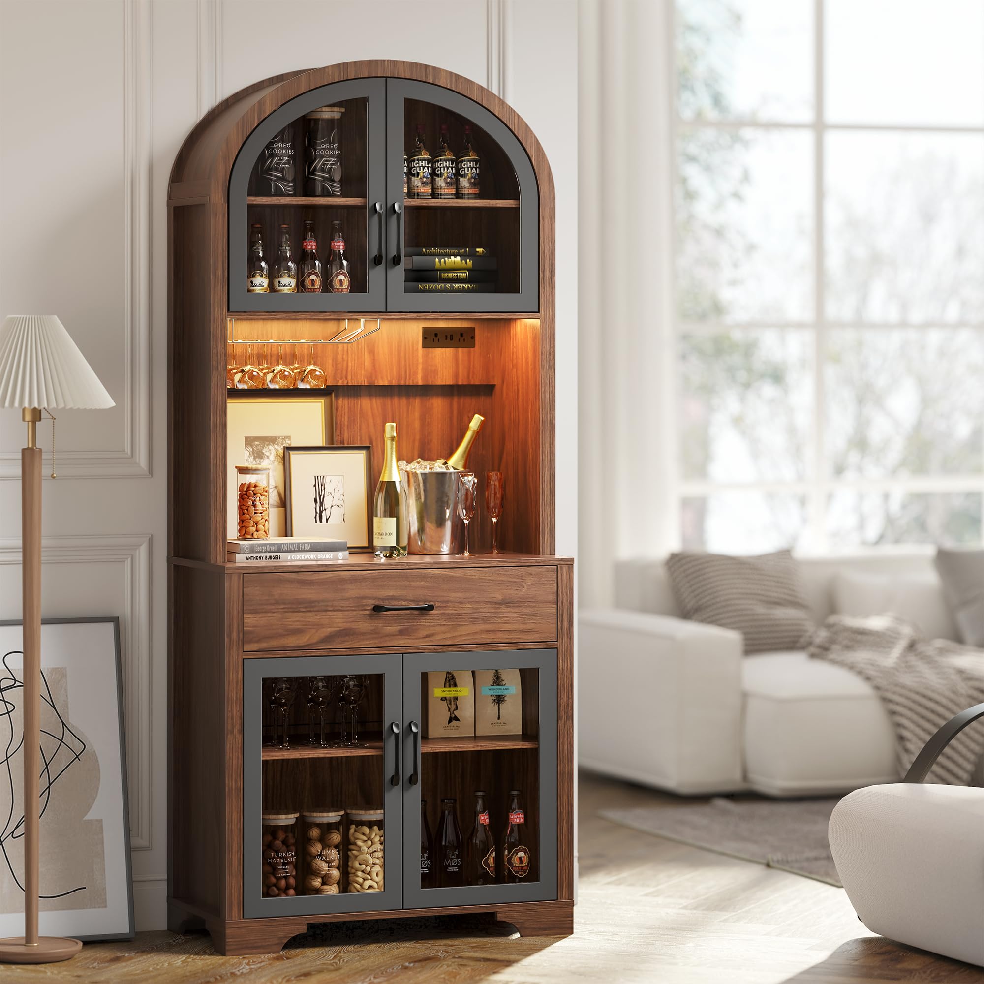 beronbaer 75" Tall Arched Pantry Cabinet with Charging Station & LED Light, Kitchen Pantry Cabinet with Microwave Stand, Drawers and Adjustable Shelf, Coffee Bar Liquor Cabinet for Dining Room