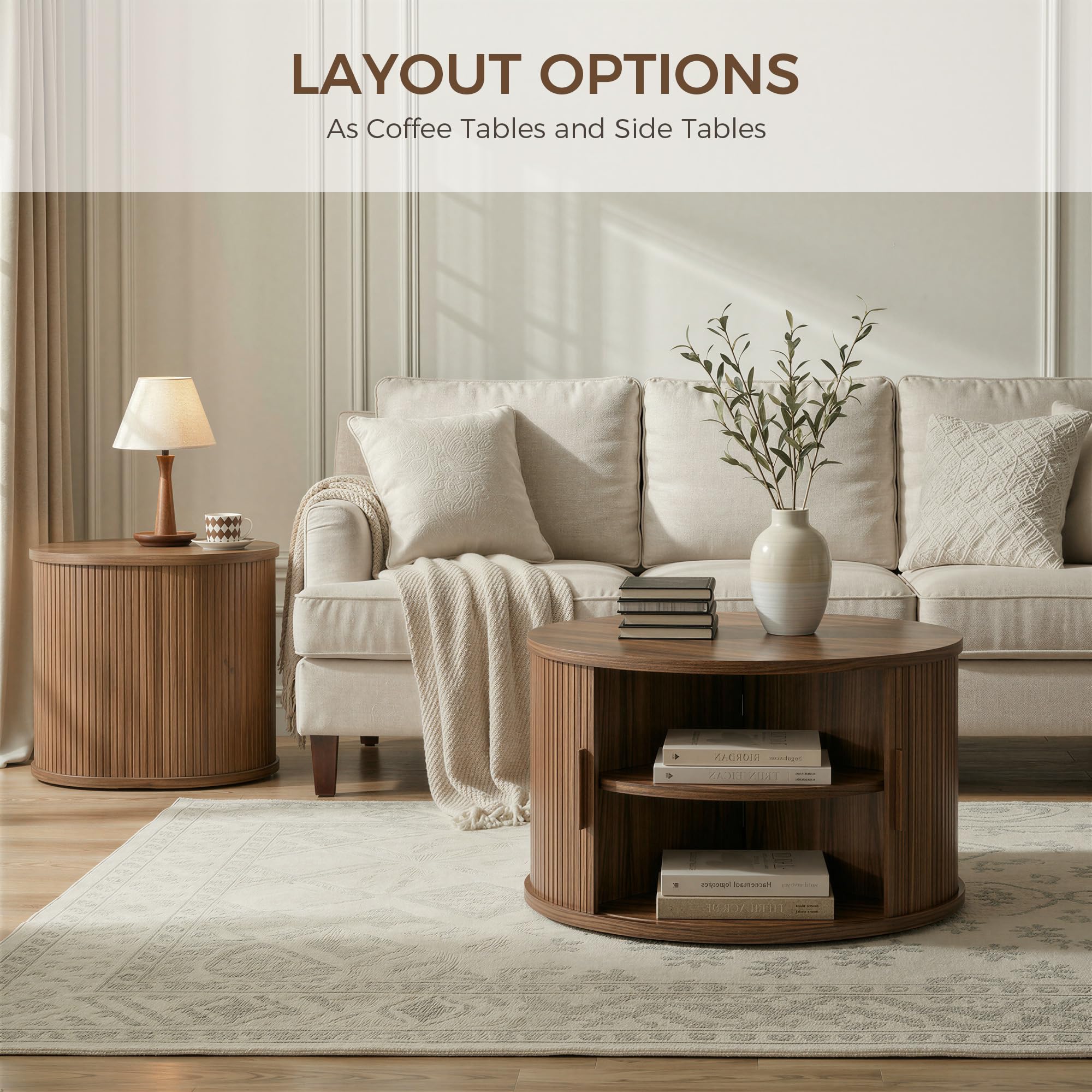 Round Coffee Table Set of 2 with Sliding Door & Hollow Storage