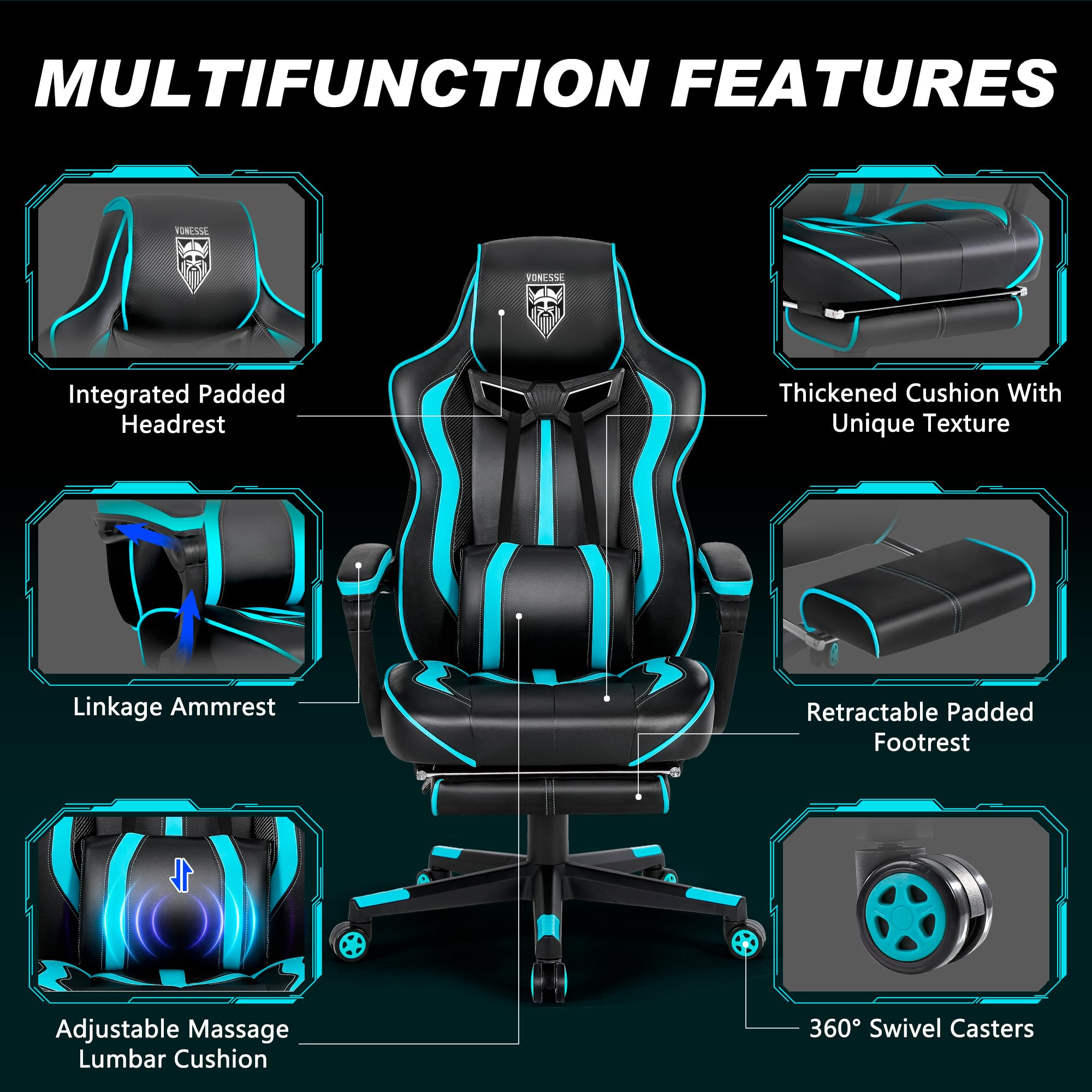 Vonesse Gaming Chairs for Adults, Gaming Chairs with Footrest and Massage, Reclining Computer Chair for Heavy People,Big and Tall Ergonomic Gamer Chair with Lumbar Pillow(Teal/Cyan)