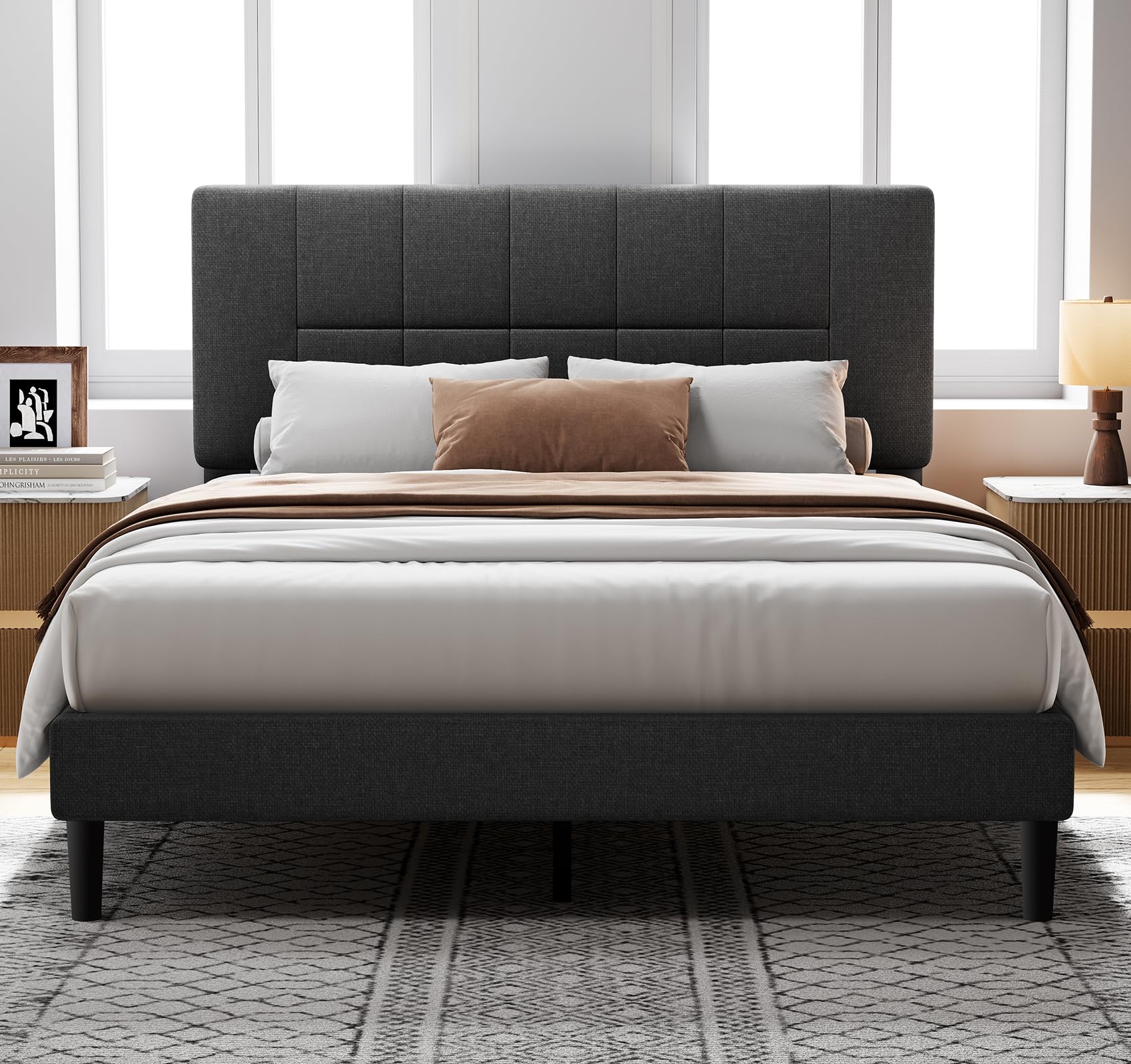 Upholstered Platform Bed Frame with Adjustable Headboard & Under-Bed Storage