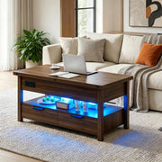 Cakhdry 40" Lift Top Coffee Table, Smart Coffee Tables with Power Outlets & LED Lights, Modern Center Table Converts to Dining Table with Lifting Top and Storage for Living Room, Walnut
