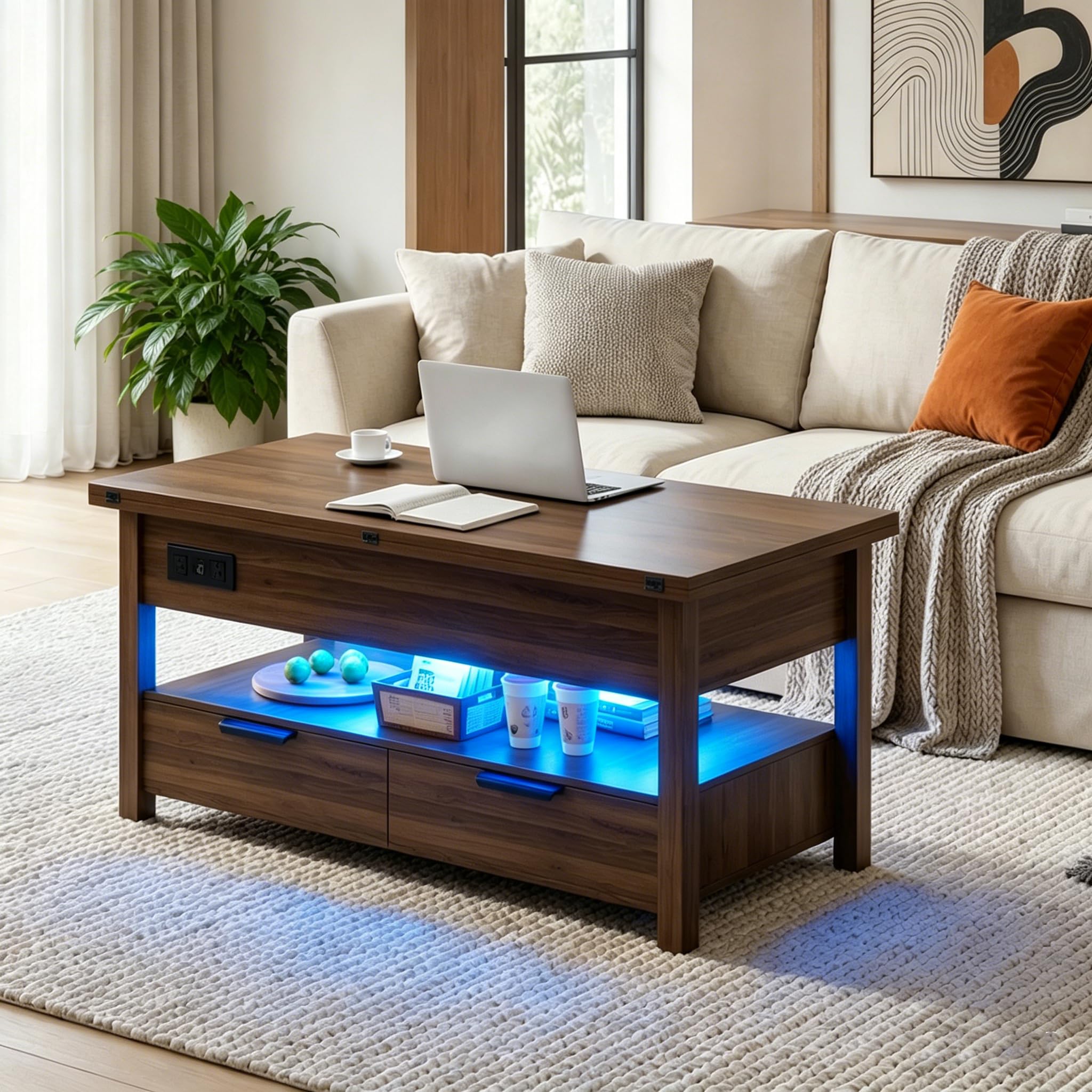 Cakhdry 40" Lift Top Coffee Table, Smart Coffee Tables with Power Outlets & LED Lights, Modern Center Table Converts to Dining Table with Lifting Top and Storage for Living Room, Walnut