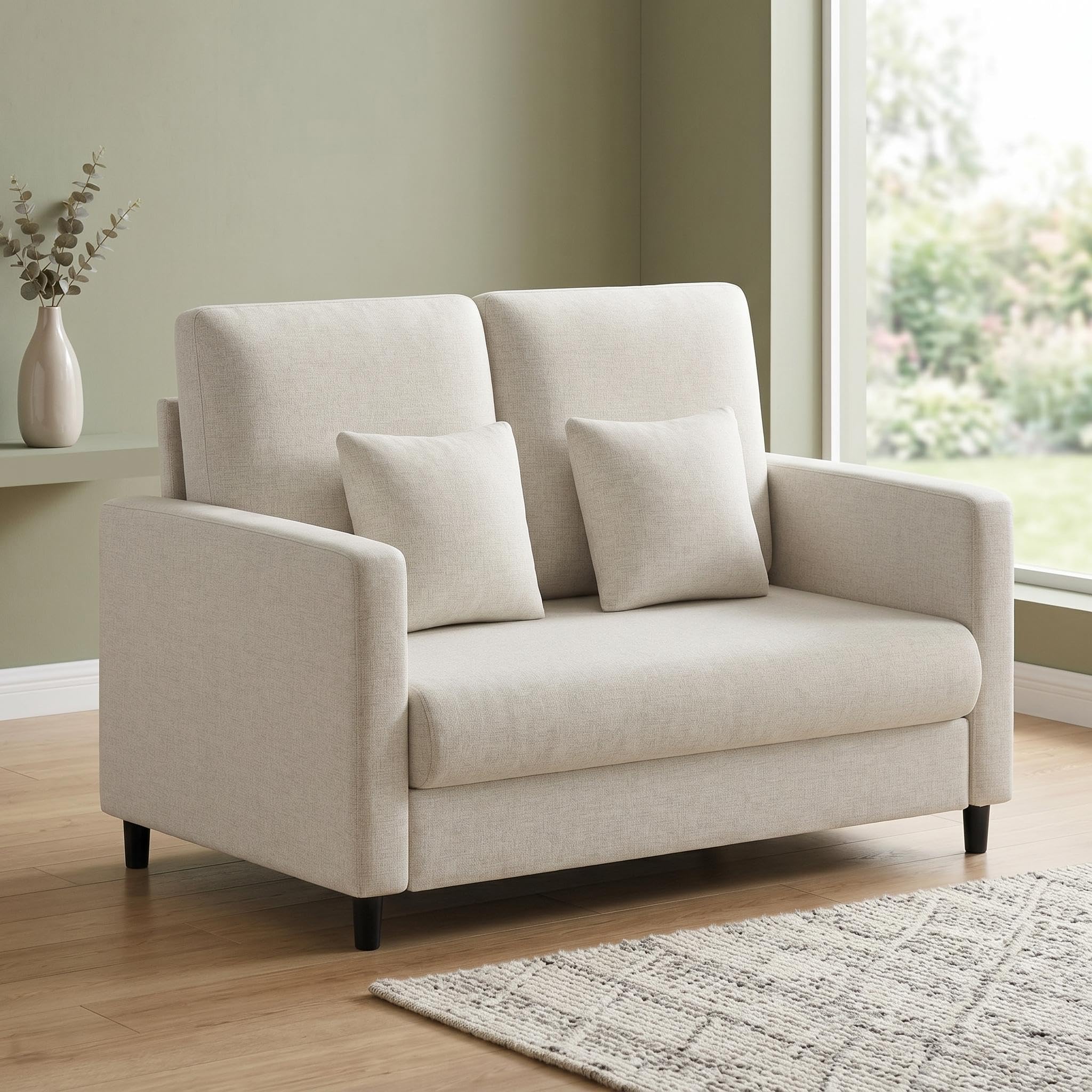 PeacefulHues 52 Inch Mid Century Modern Loveseat Couch, Compact Accent Sofa with Sturdy Wood Legs, Upholstered Comfy Seating for Living Room & Bedroom, Easy Assembly