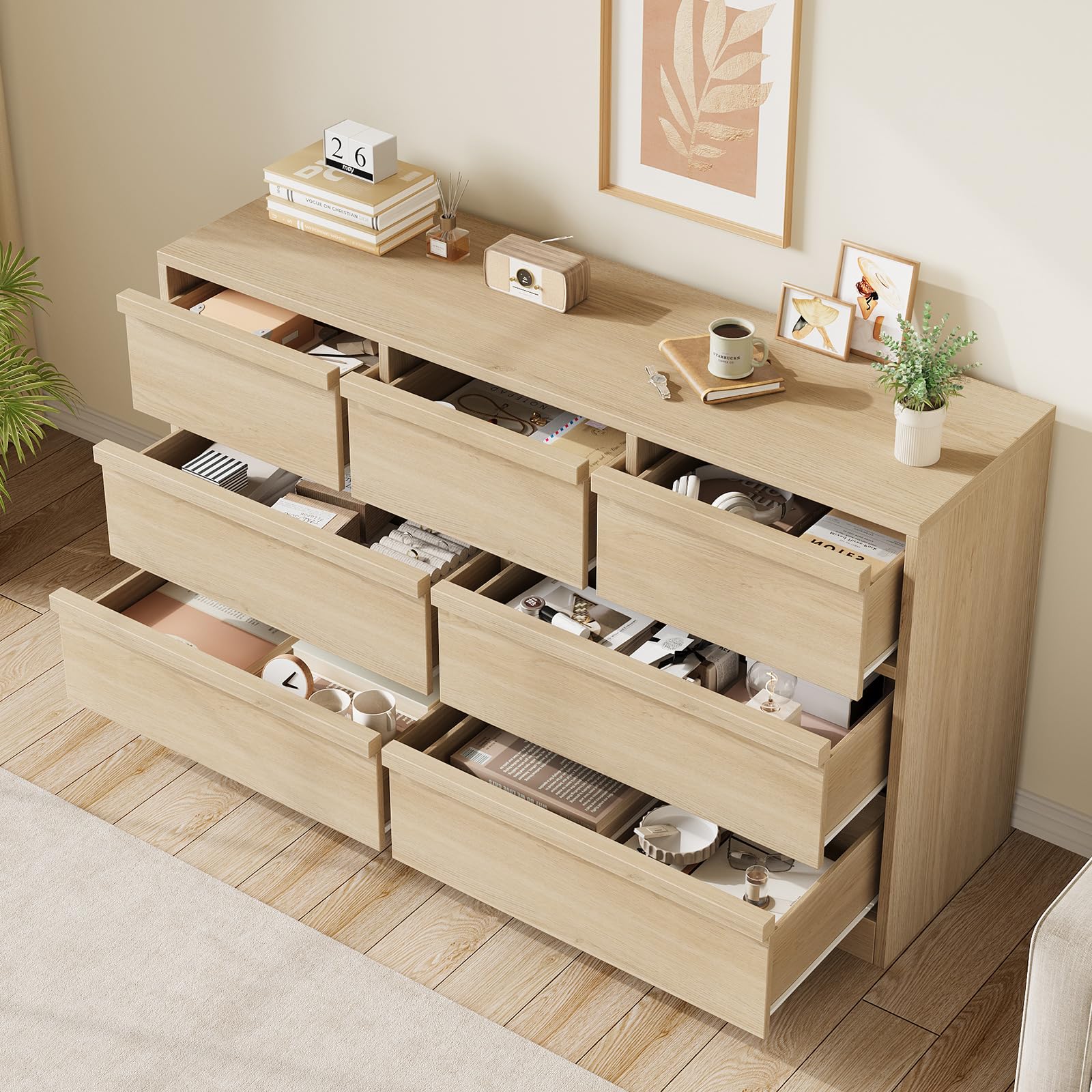GarveeHome 7 Drawer Dresser for Bedroom, 54in Wide Natural Oak 7 Chest of Drawers with Large Storage, Wooden Dresser Organizer Closet for Living Room, Entryway, Nursery
