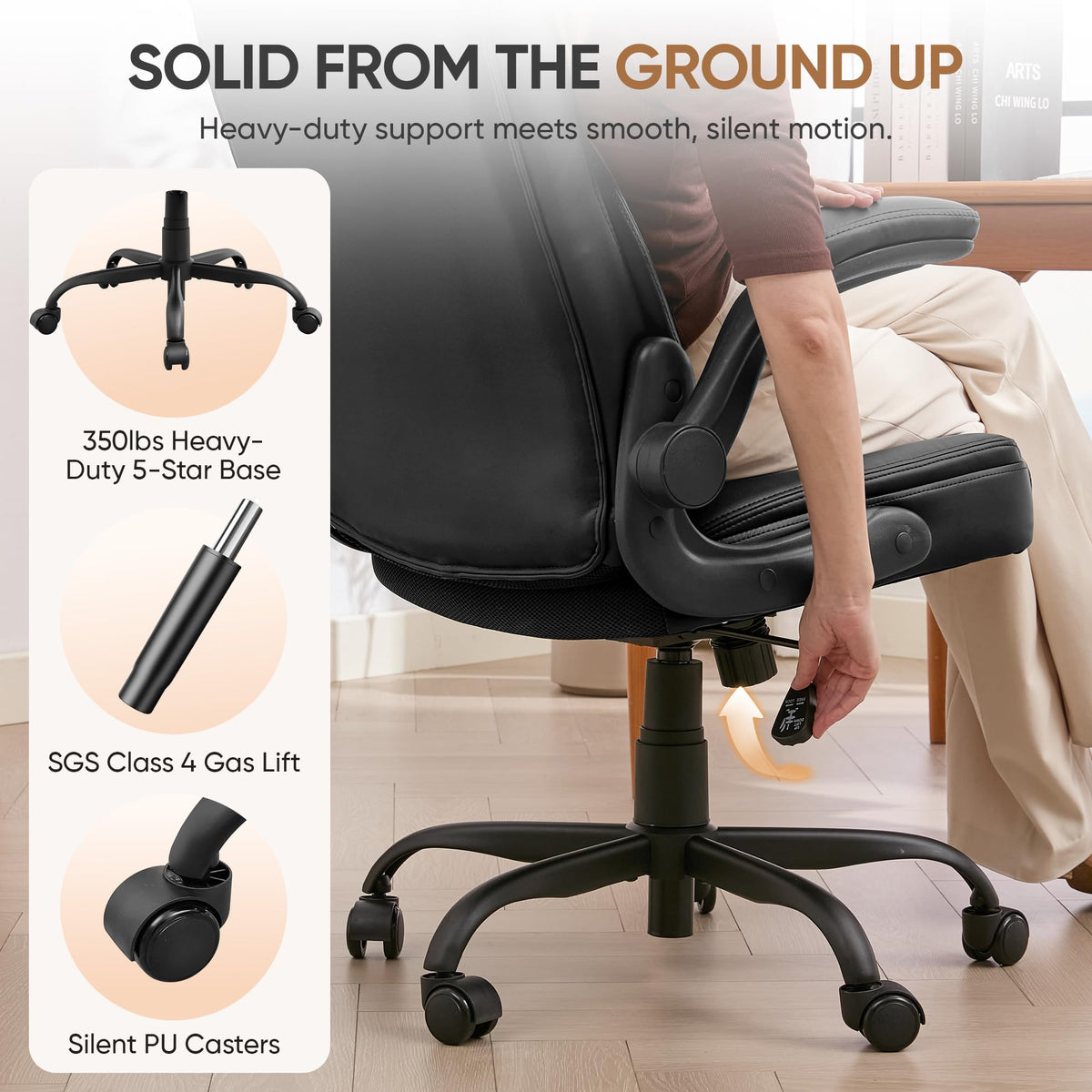 EGSEAT Home Office Chair with Lumbar Support, 5" Thickened Seat, Small PU Leather Rocking Desk Chair, Comfy Computer Chairs with Rolling Wheels & Adjustable Armrests for Adults, Black