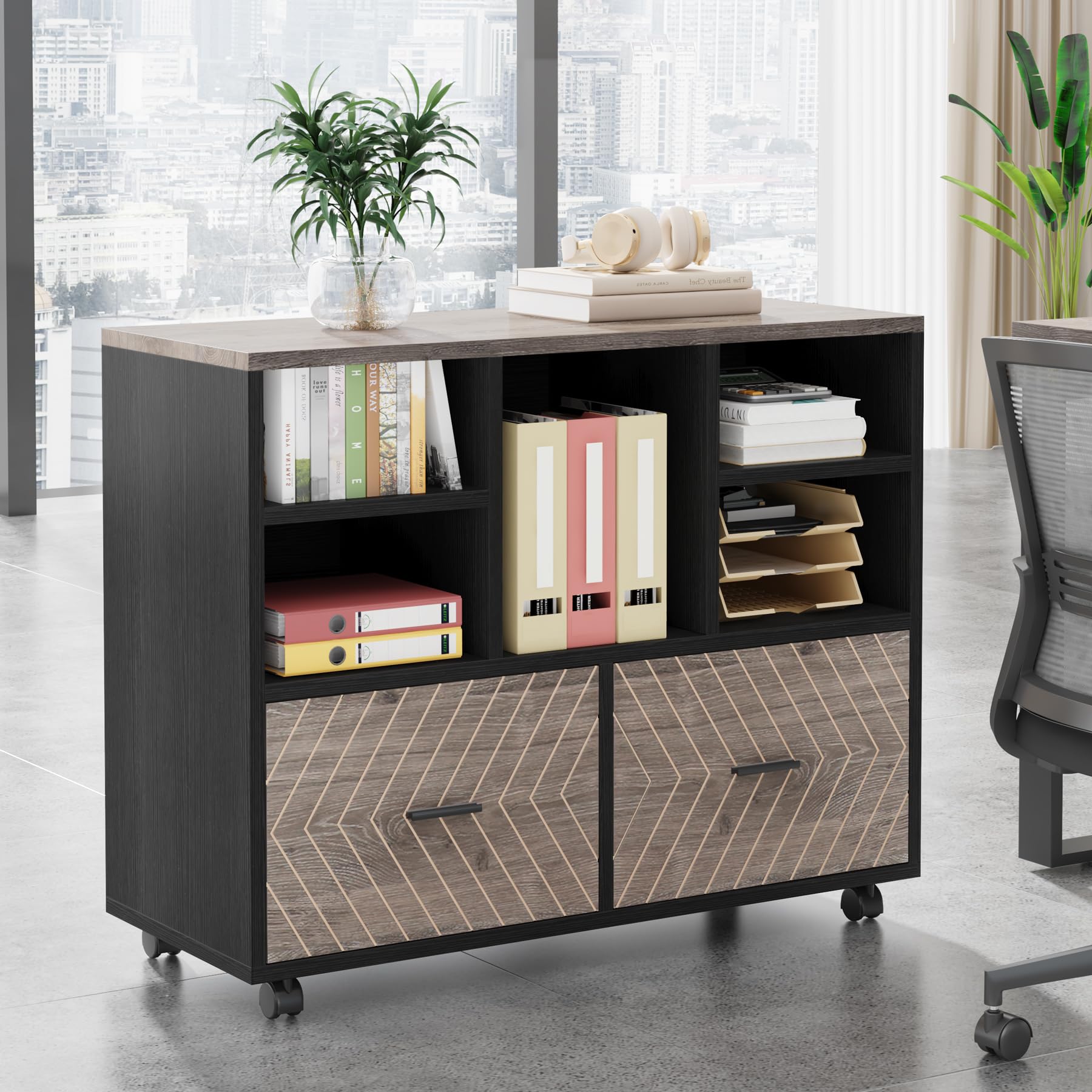 Tribesigns 2-Drawer Wood File Cabinet, Mobile Lateral Filing Cabinet for Hanging Letter Size Files, Printer Stand with Open Storage Shelves for Home Office (Gray & Black)