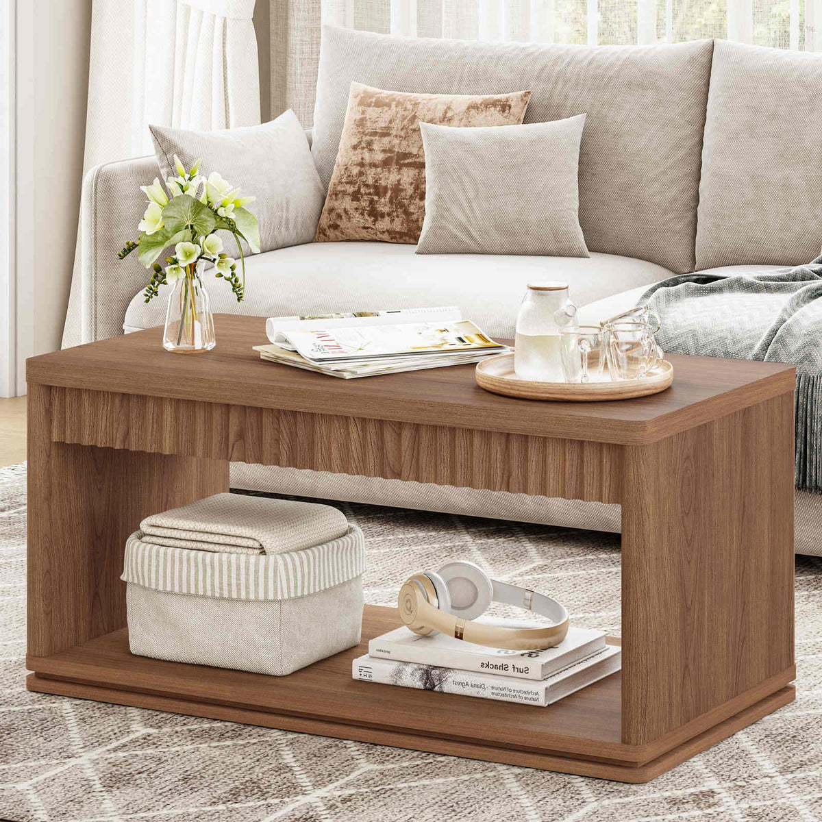 FATORRI Coffee Table with Storage Shelf, 2-Tier Wood Coffee Tables, Farmhouse Rectangular Living Room Center Table with Fluted Panel (Walnut)