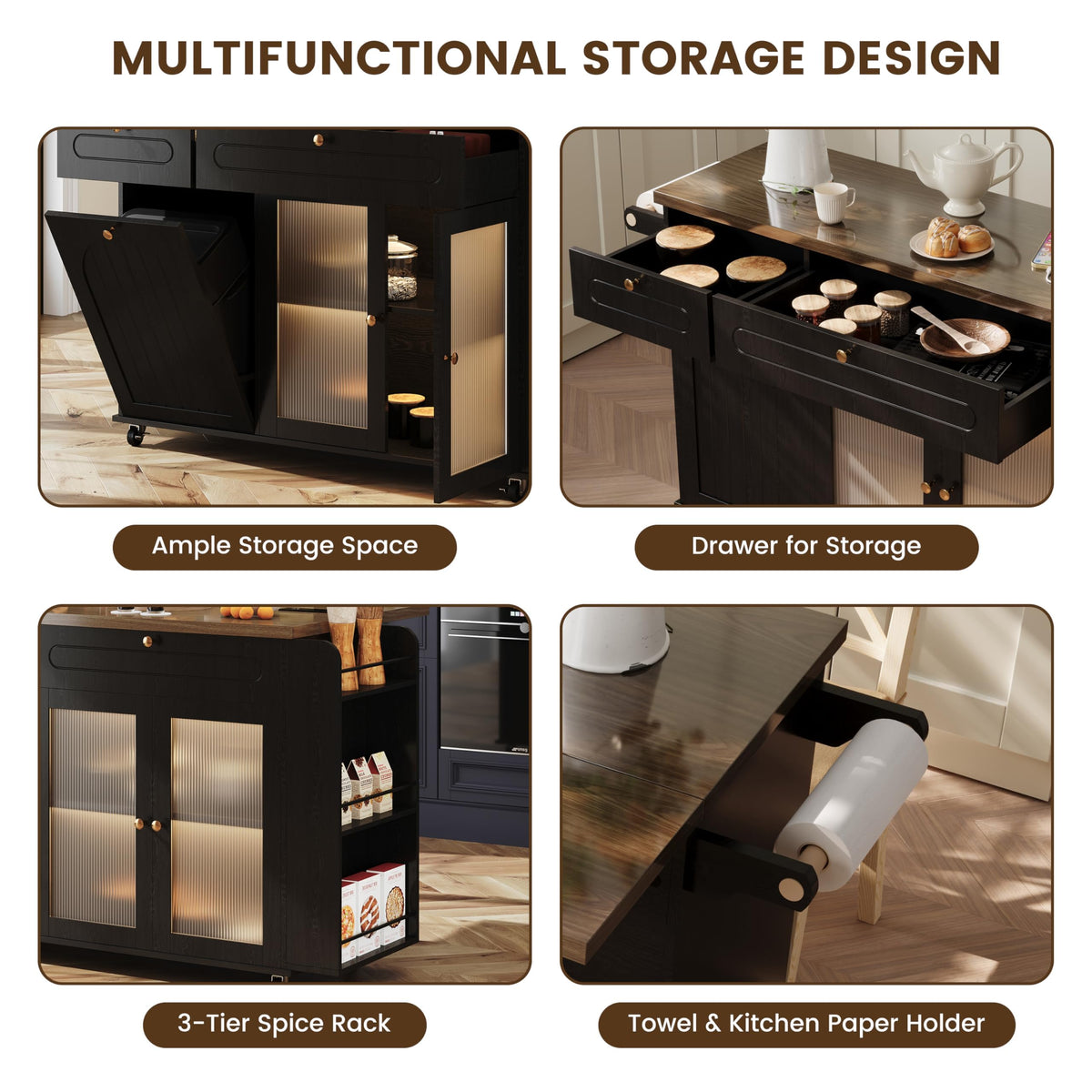 COCO DESIGN 58” Rolling Kitchen Island with Trash Can-Storage & LED Light