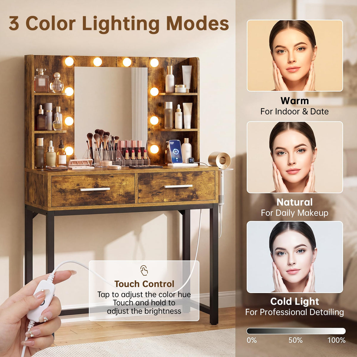 YESHOMY 31.5" Small Makeup Vanity Desk with Lighted Mirror, Rustic Brown