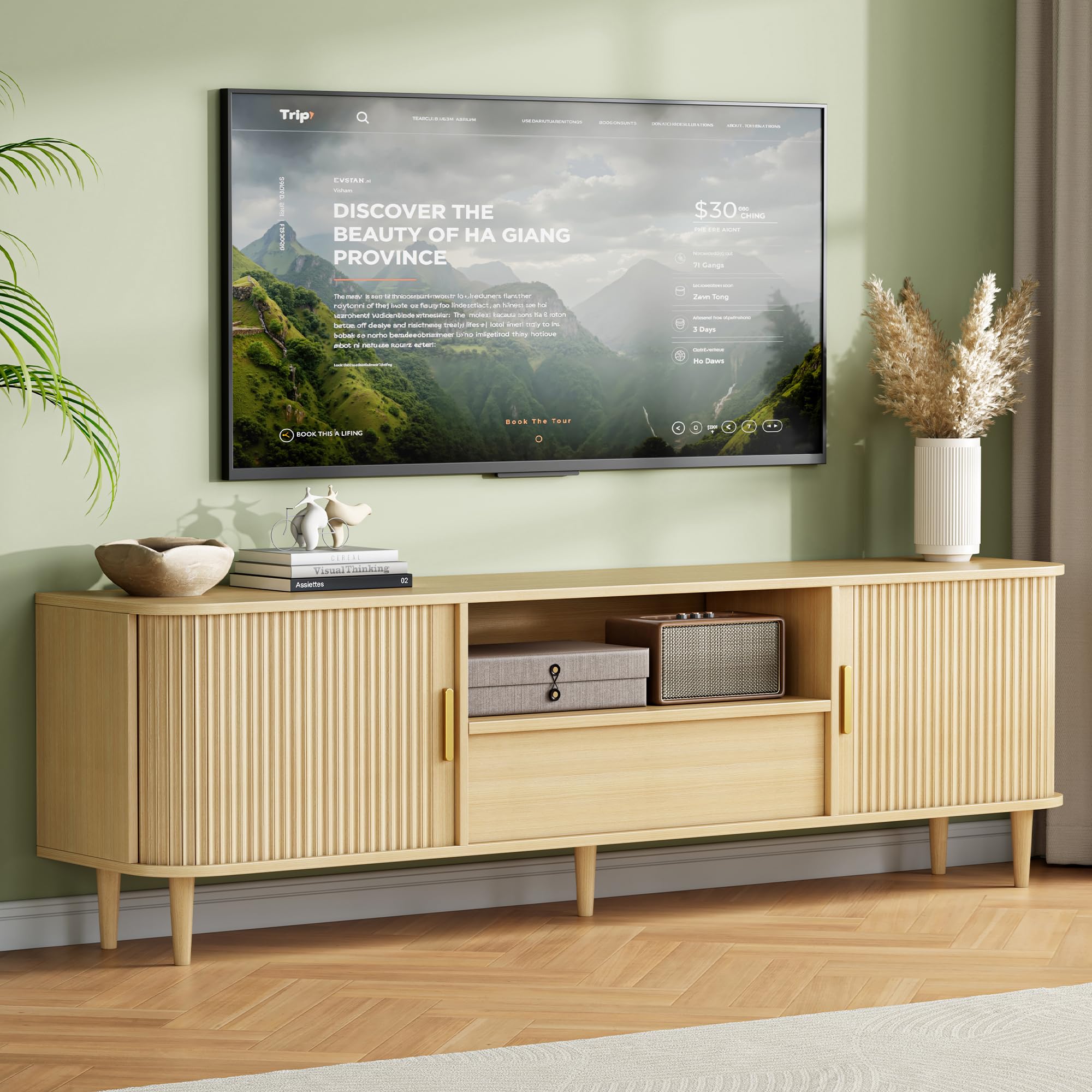 IRONCK Modern Fluted TV Stand for TVs Up to 80 inches, 69" Entertainment Center with Storage Drawer, TV Console with Sliding Doors and Adjustable Shelves, Media Console for Living Room Bedroom, Oak