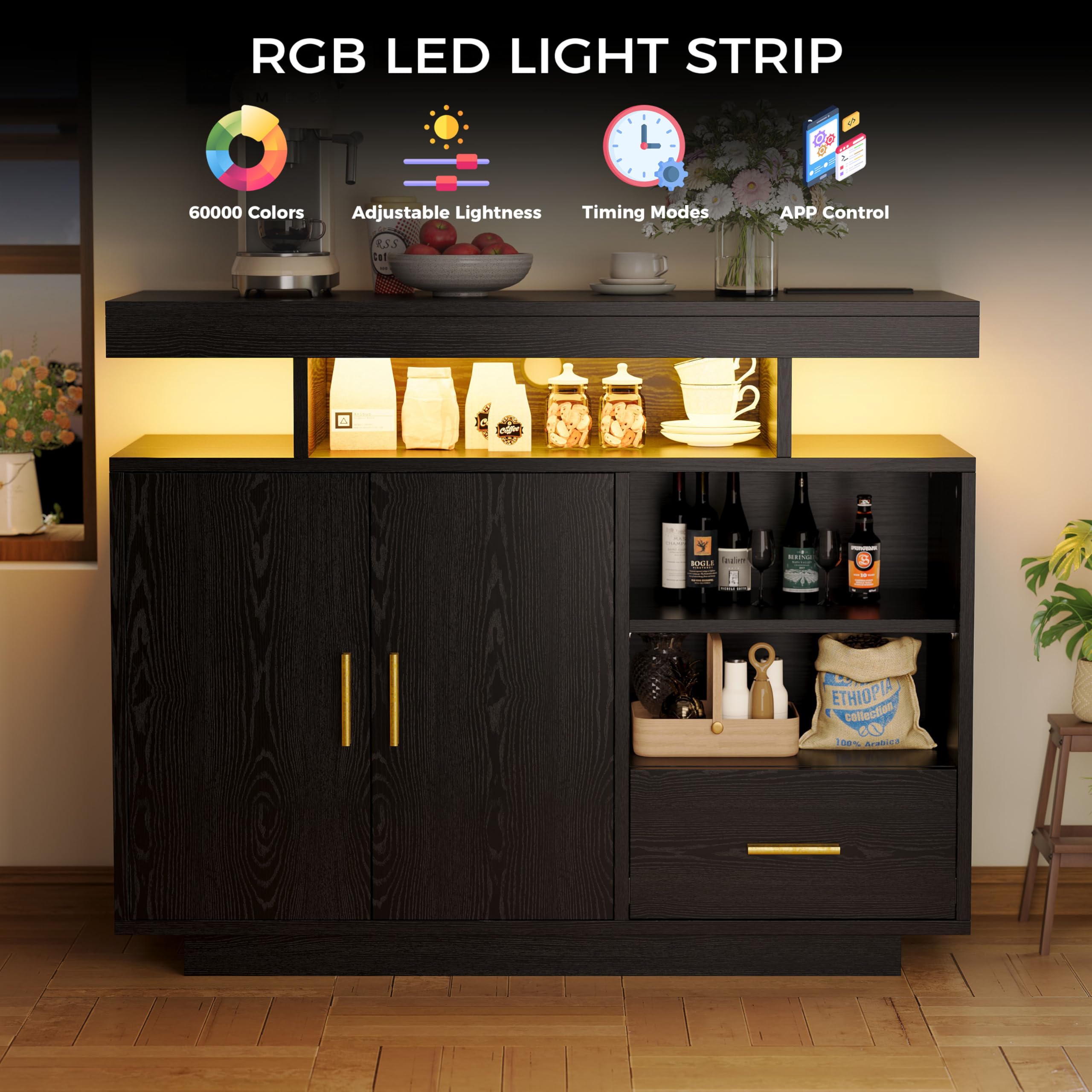 IRONCK Buffet Cabinet, Sideboard Cabinet with Power Outlet and LED Light, Modern Storage Cabinet with Drawer, Coffee Bar Cabinet with Doors and Shelves for Kitchen, Black