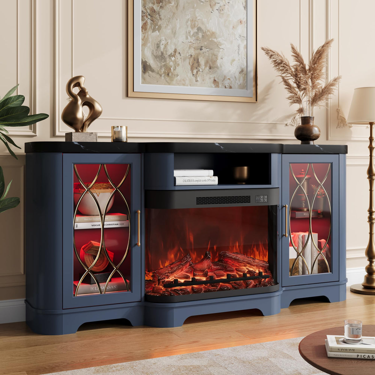 RNLRNL 70" TV Stand with 30" Curved Electric Fireplace, Blue/Black