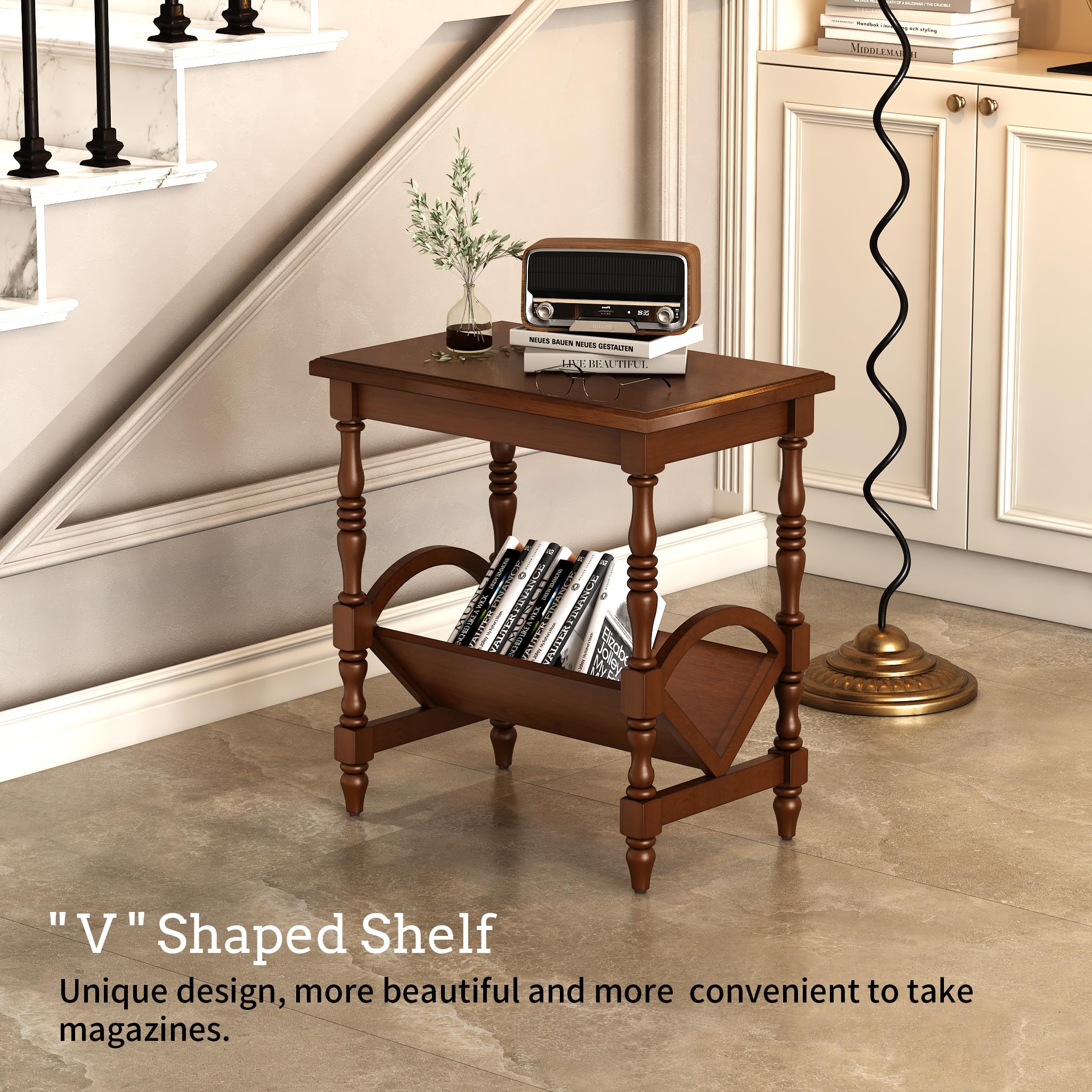 LKTART Wood End Table, Vintage Sofa Side Table with Magazine Rack and Rubberwood Legs, Bedside Table with Birch Wood Veneer Finish for Living Room Bedroom Small Space Home Office (Cherry)