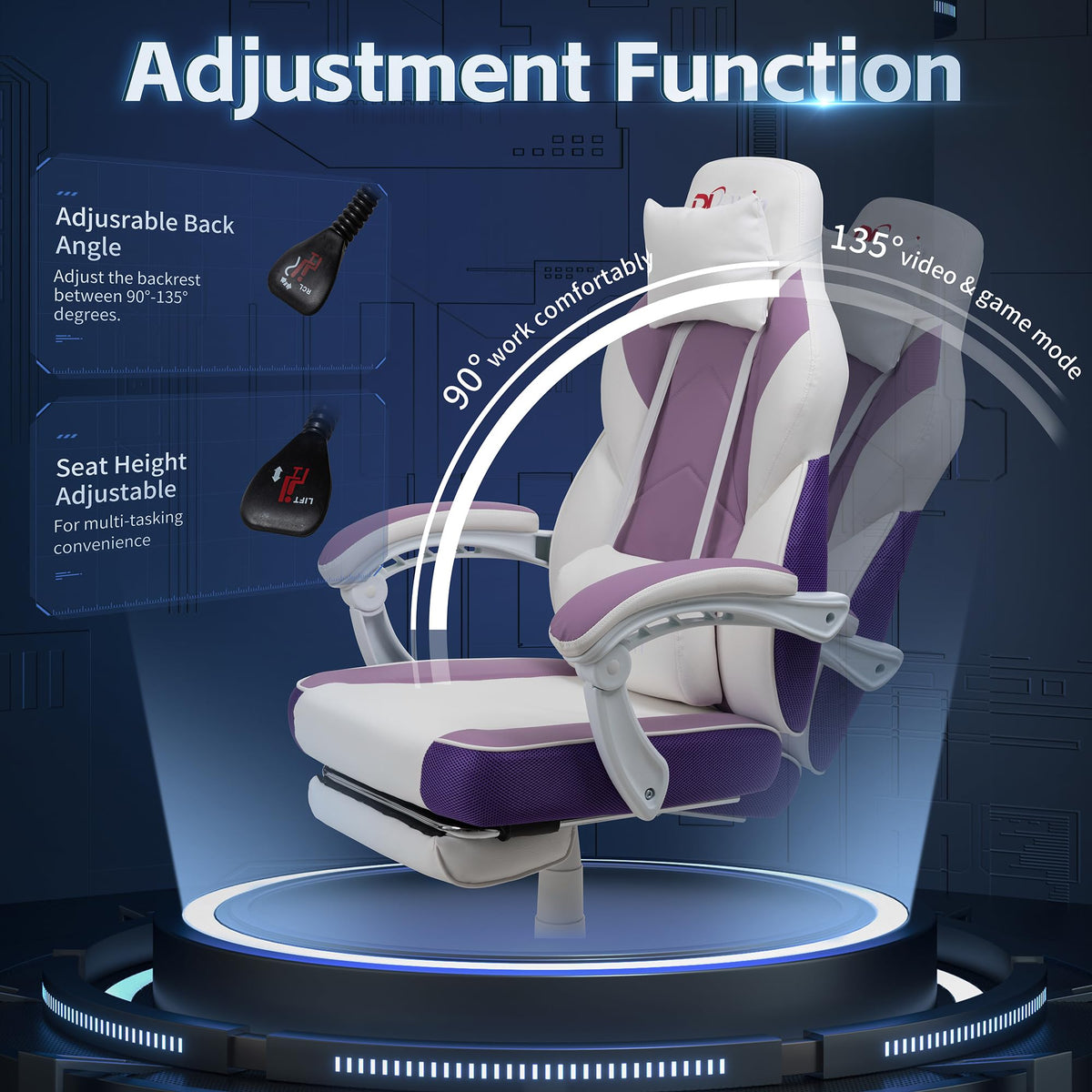 Shintenchi Gaming Chair, Office Chair with Footrest and Lumbar Support, Height Adjustable Game Chair with 360°-Swivel Seat and Headrest and for Office or Gaming (Purple)