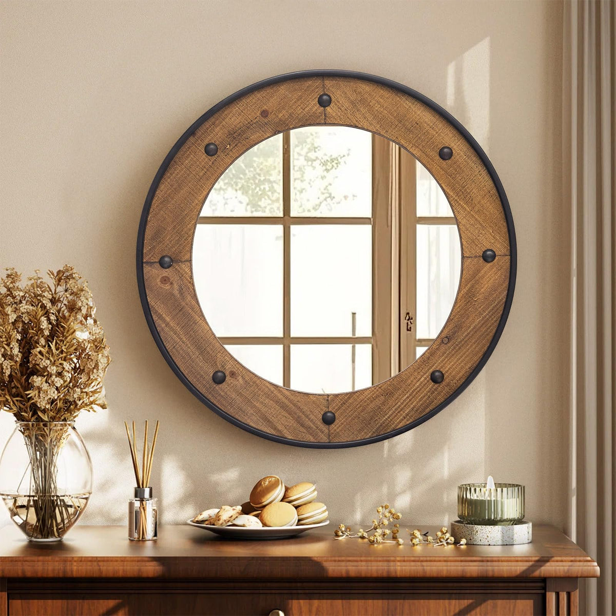 Round Wood Wall Mirror
