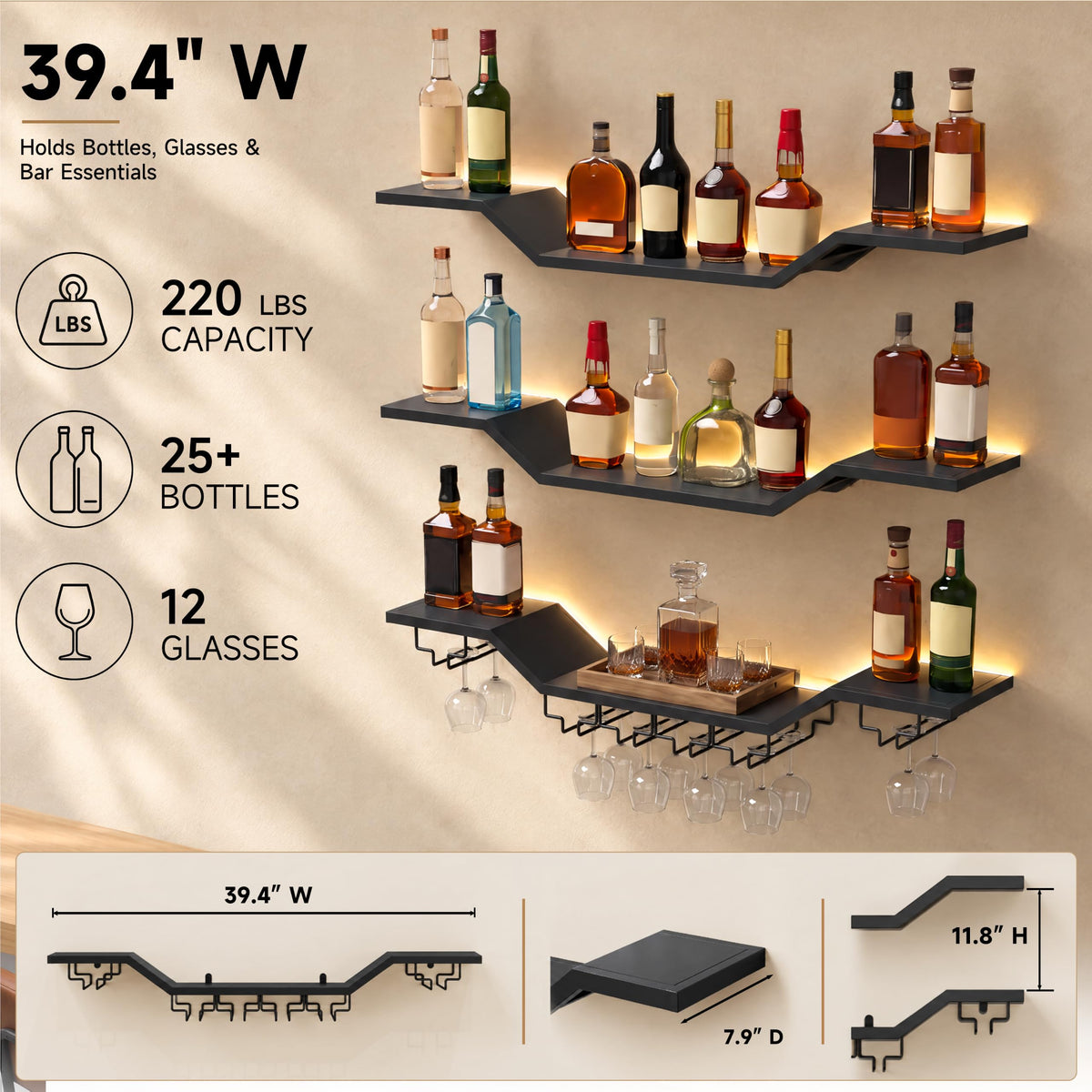 39.4" Floating Bar Shelves Wall Mounted, LED 3-Tier Wine Rack Wall Bar