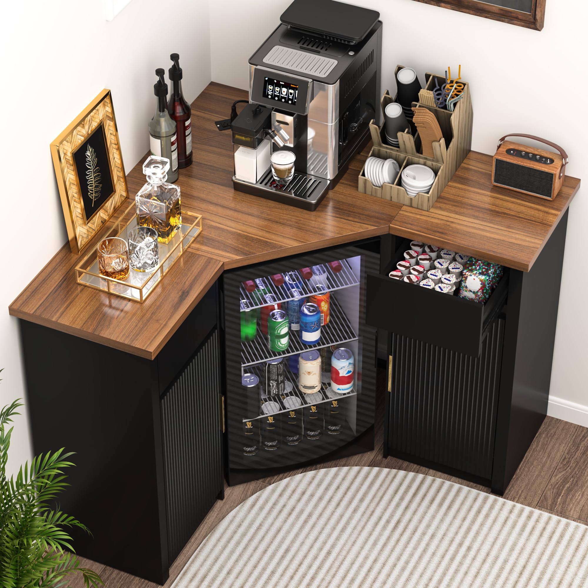 Corner Bar Cabinet with Fridge Space & Storage