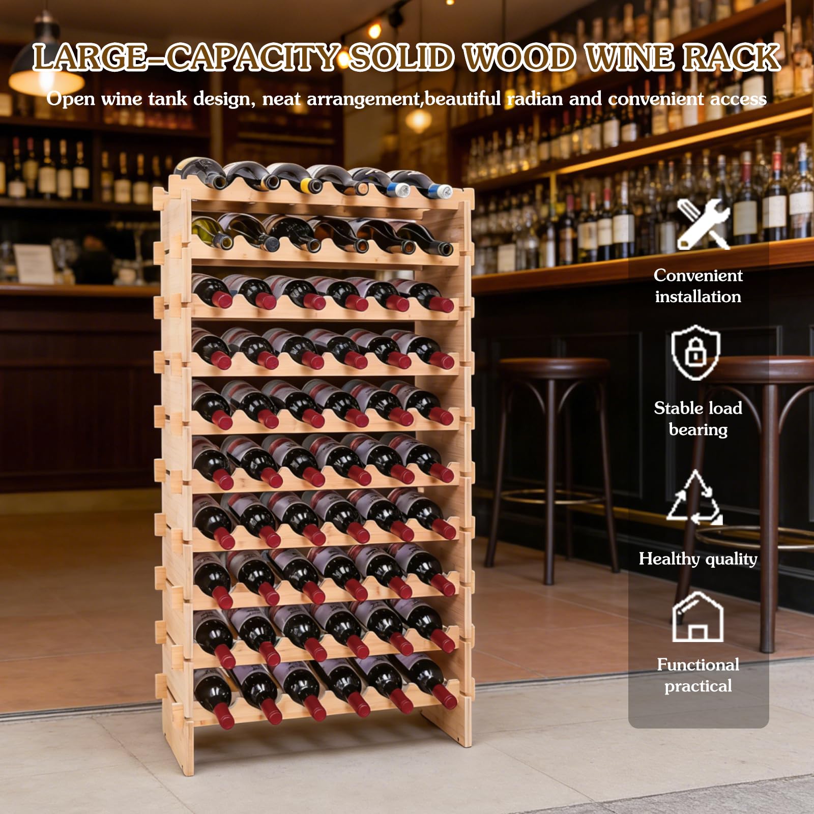 fcxagy 60 Bottles Bamboo Stackable Modular Bamboo Wine Rack, 10-Tier Wooden Wine Storage Rack Freestanding Wine Holder Display Shelves，Wine Rack freestanding Floor