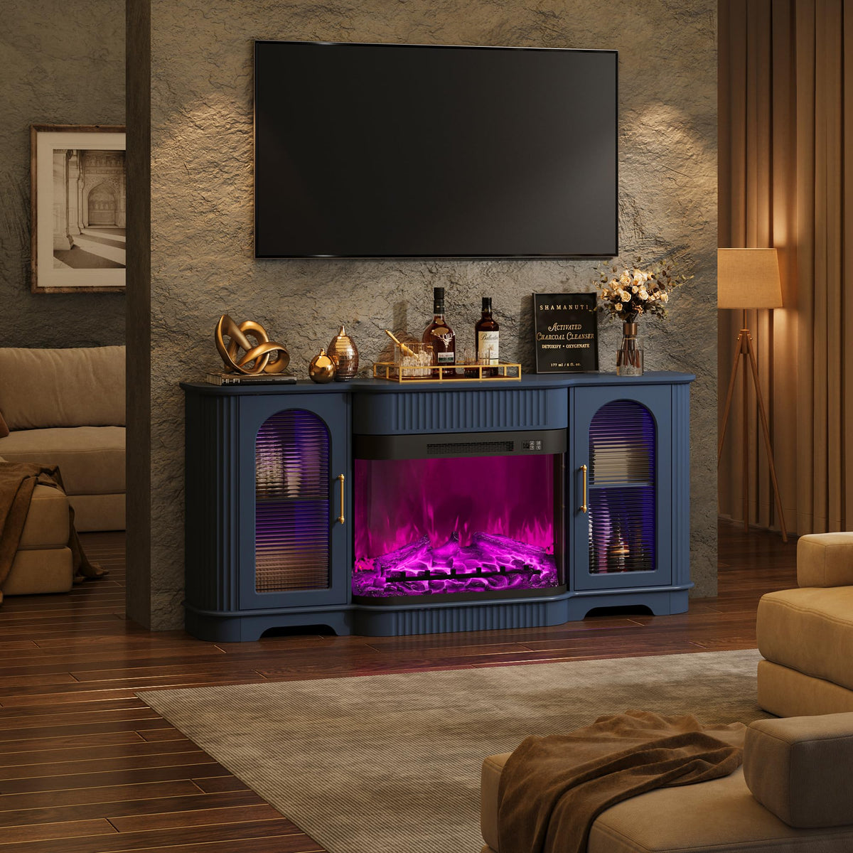 RNLRNL 70" Fluted TV Stand with 30" Curved Electric Fireplace, Navy Blue