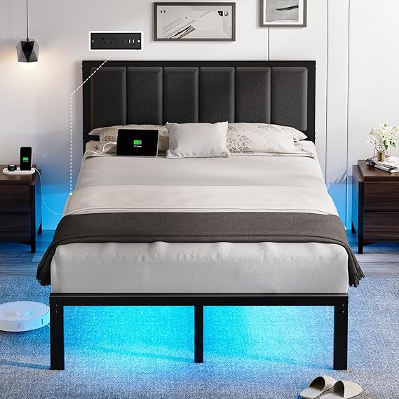 Metal Platform Bed Frame with LED Lights & USB Charging