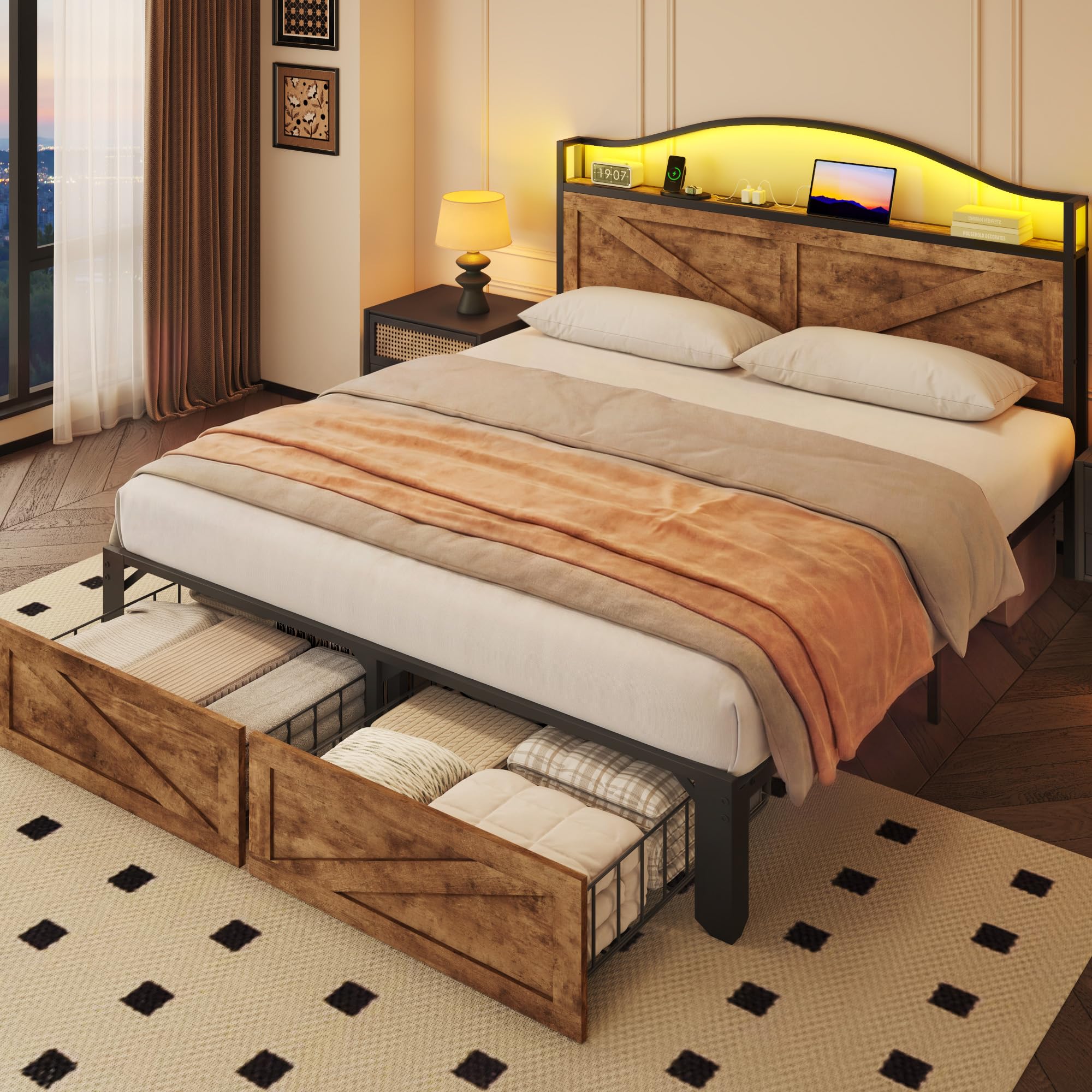 Lifezone Queen Bed with Farmhouse Storage Headboard, Queen Bed with 2 Storage Drawers and Fast-Charging Station and Led Light, No Box Spring Needed, Noise Free, Easy Assembly, Rustic Brown
