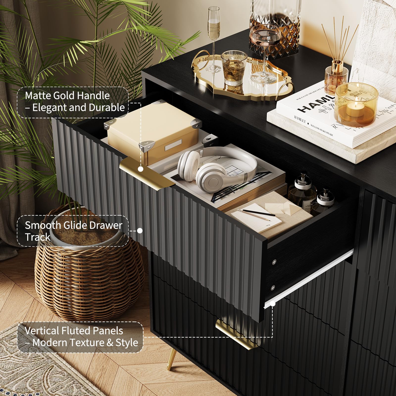 GAOMON Modern Fluted 8-Drawer Dresser - 55" Wide Wood Chest with Metal Handles - Multi-Use Bedroom Clothes Storage Cabinet & TV Stand - Contemporary Furniture, Black