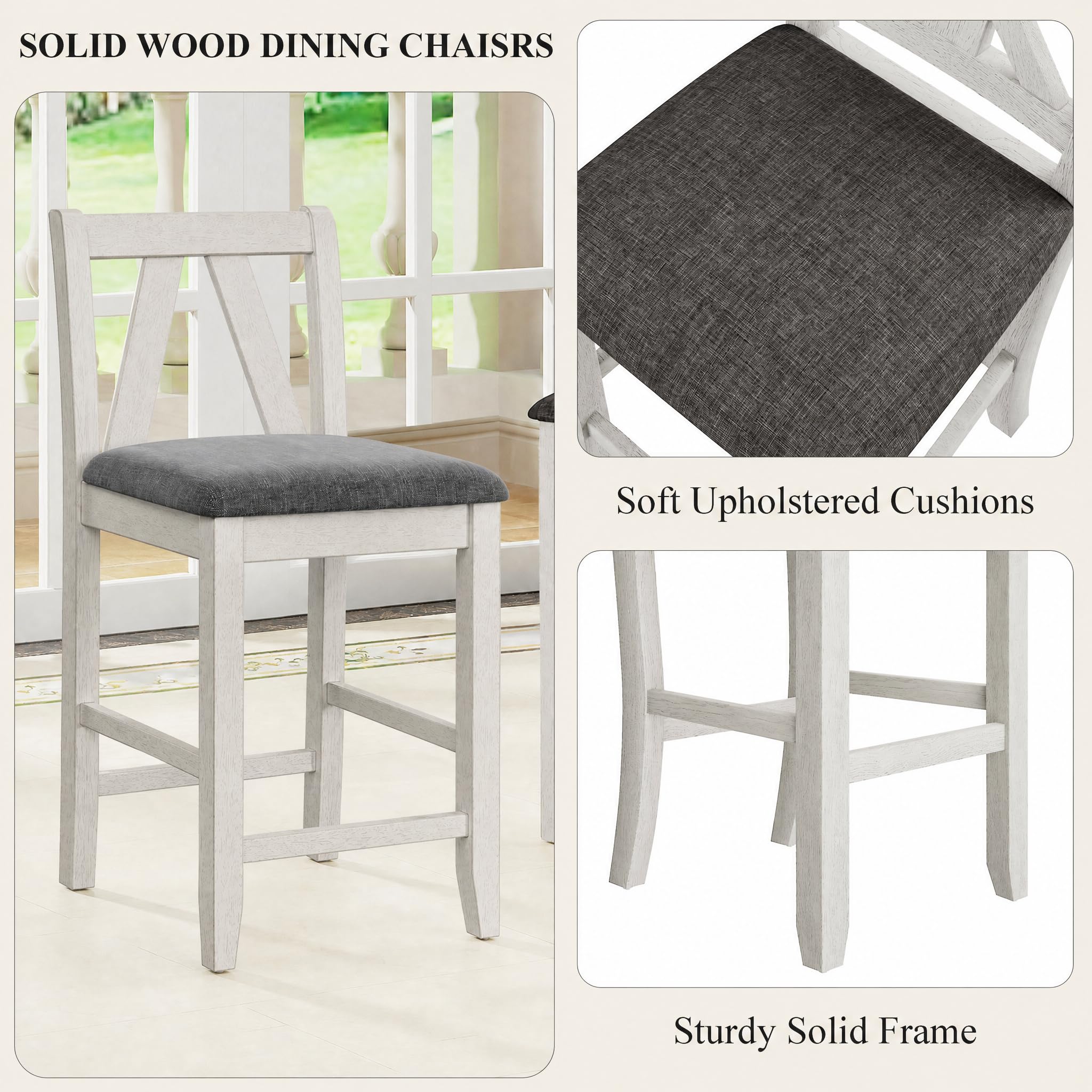 VECELO 7-Piece Solid Wood Foldable Dining Table Set for 6, Farmhouse Round Dining Table with 6 Upholstered Dining Chairs for Dining Room, Kitchen, Washed Gray