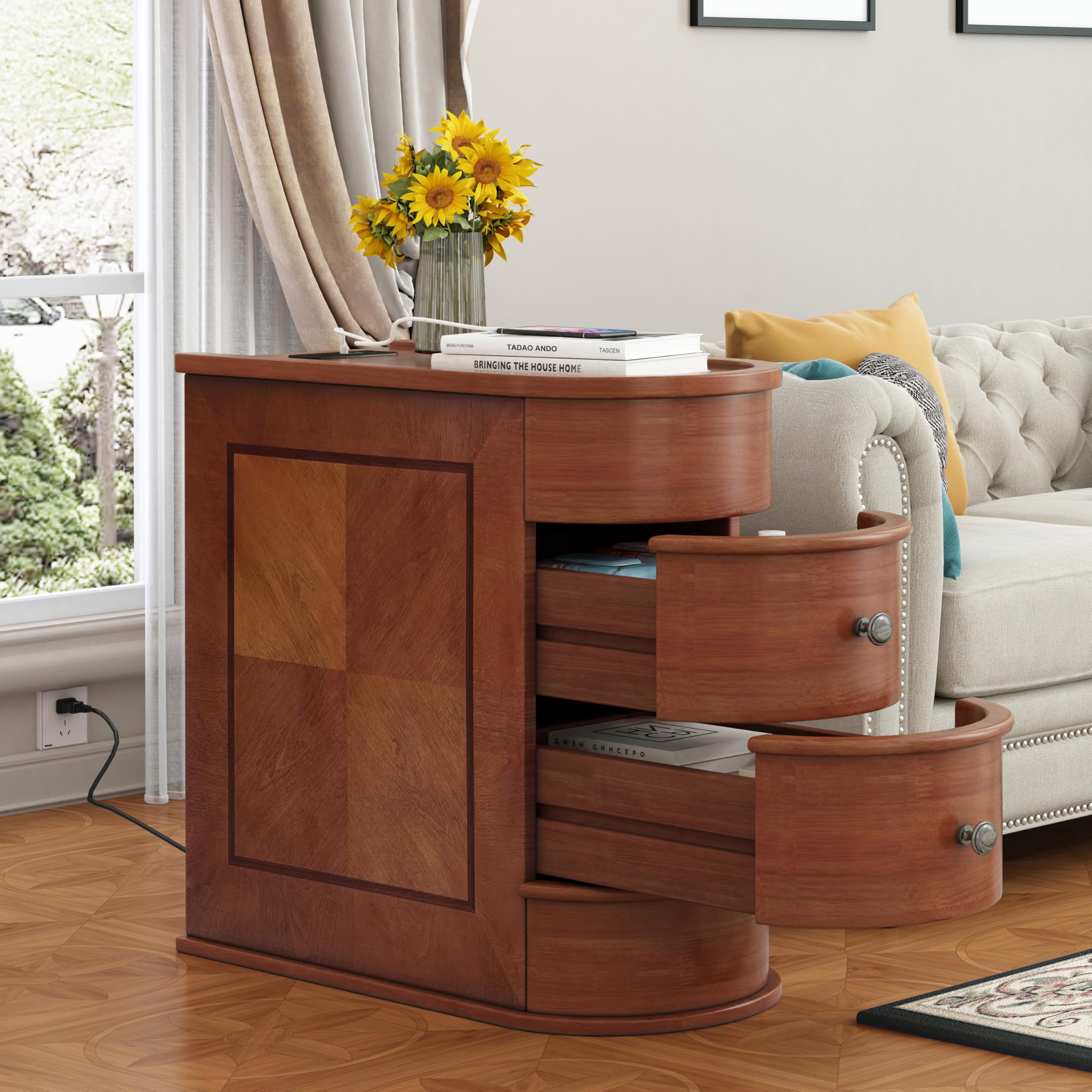 FAVSH Narrow End Table with Charging Station, Vintage Slim Sofa Side Table & Nightstand with 2 Drawers, Compact Wood Storage for Living Room Bedroom Small Spaces, Fully Assembled, Brown