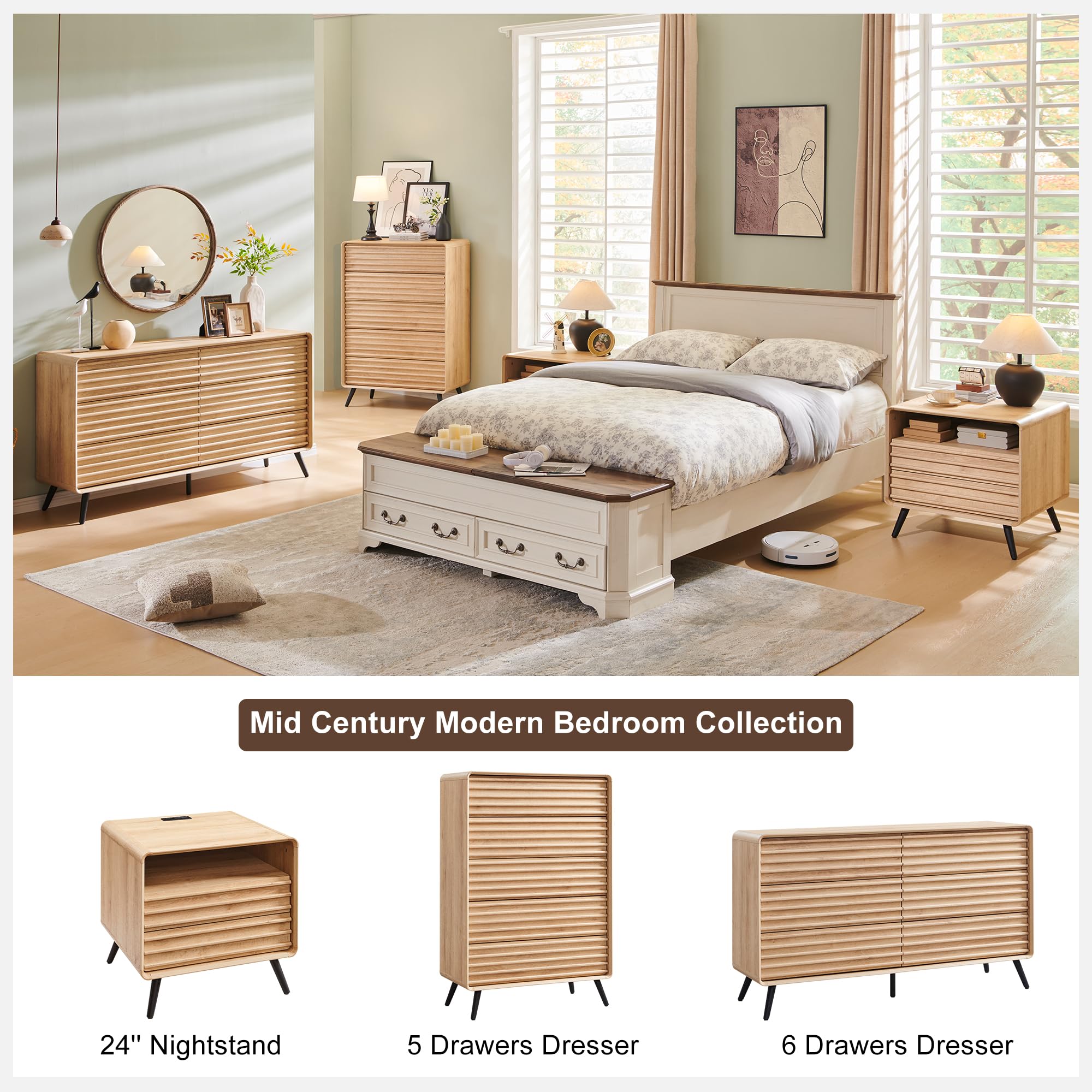 RedLemon 48'' Tall 5 Drawers Dresser for Bedroom, Mid Century Modern Wood Fluted Dresser, Chest of Drawers with Smooth Rounded Corner & Tapered Leg for Bedroom, Living Room, Oak