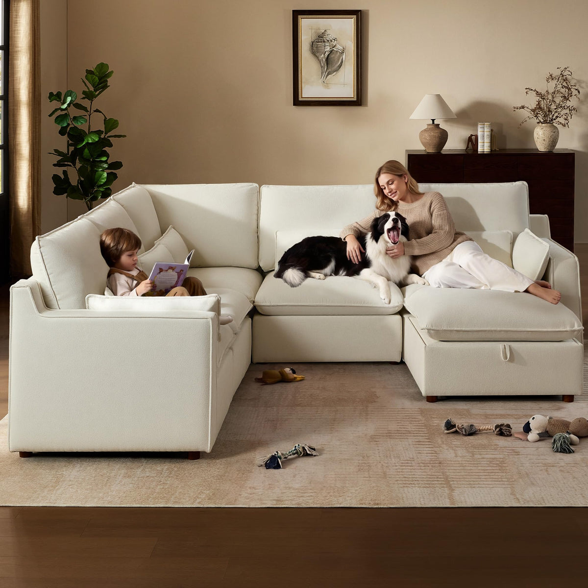 WorthFurni Modern Modular Sectional Sofa,105" V Shape Sectional Cloud Couch with Storage Ottoman,Comfty 6 Seat Sofa for Living Room,Beige Chenille