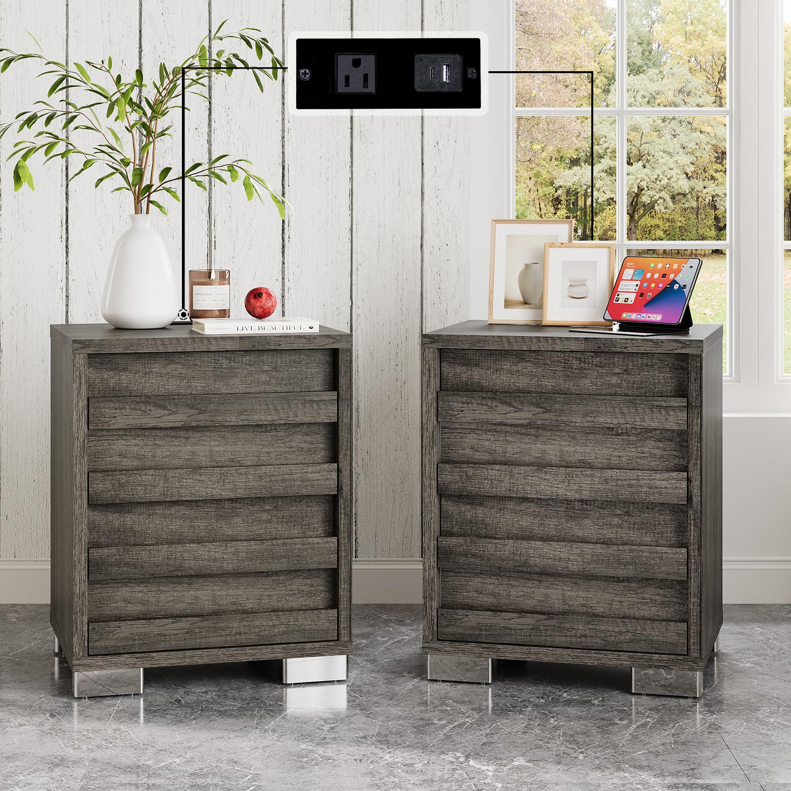 LUXOAK End Table Set of 2 with Charging Station, Farmhouse Side Table with Slated Handles, Nightstands with Stainless Steel Feet for Bedroom & Living Room, Rustic Grey