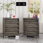 LUXOAK End Table Set of 2 with Charging Station, Farmhouse Side Table with Slated Handles, Nightstands with Stainless Steel Feet for Bedroom & Living Room, Rustic Grey