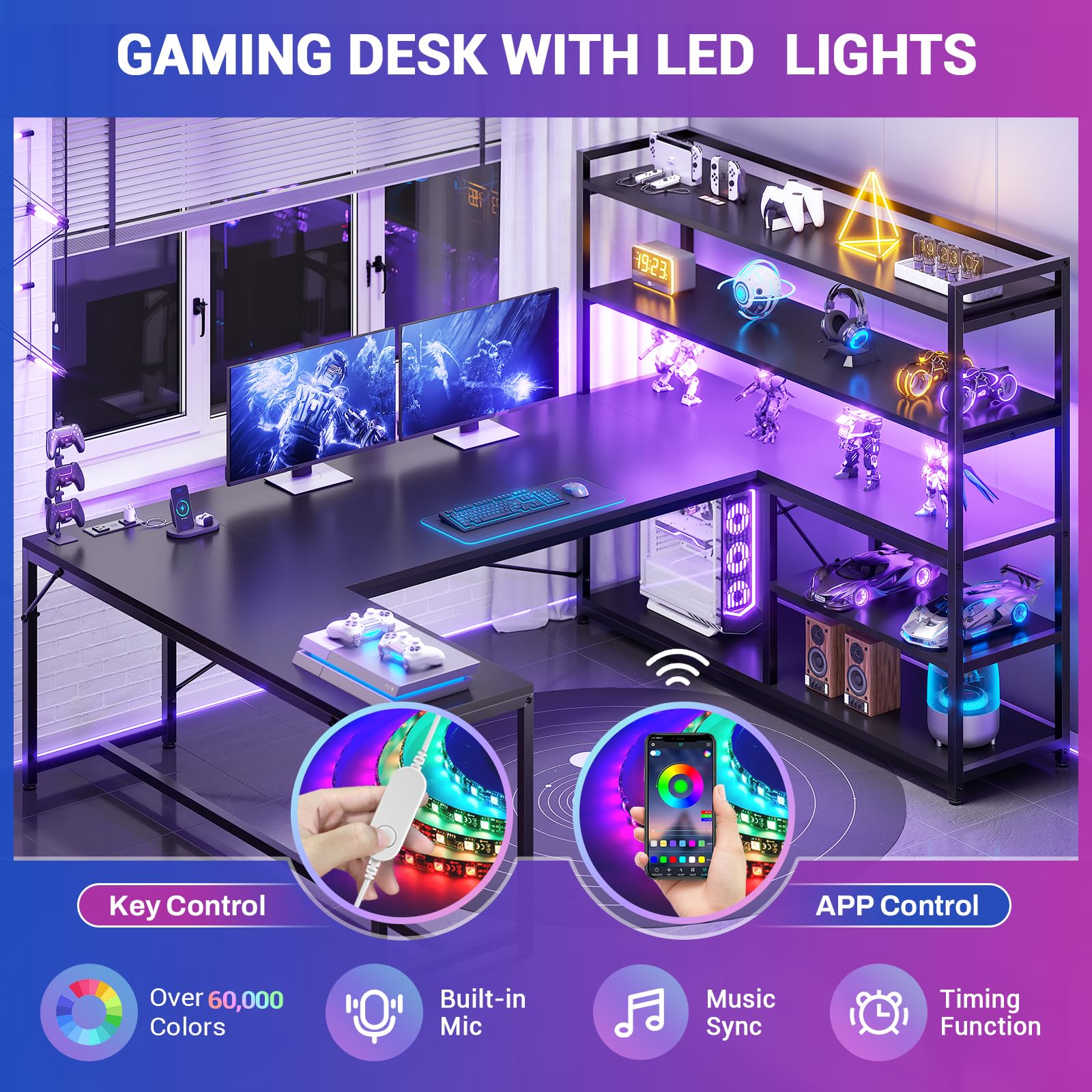 L-Shaped Gaming Desk with LED Lights & Storage Shelves