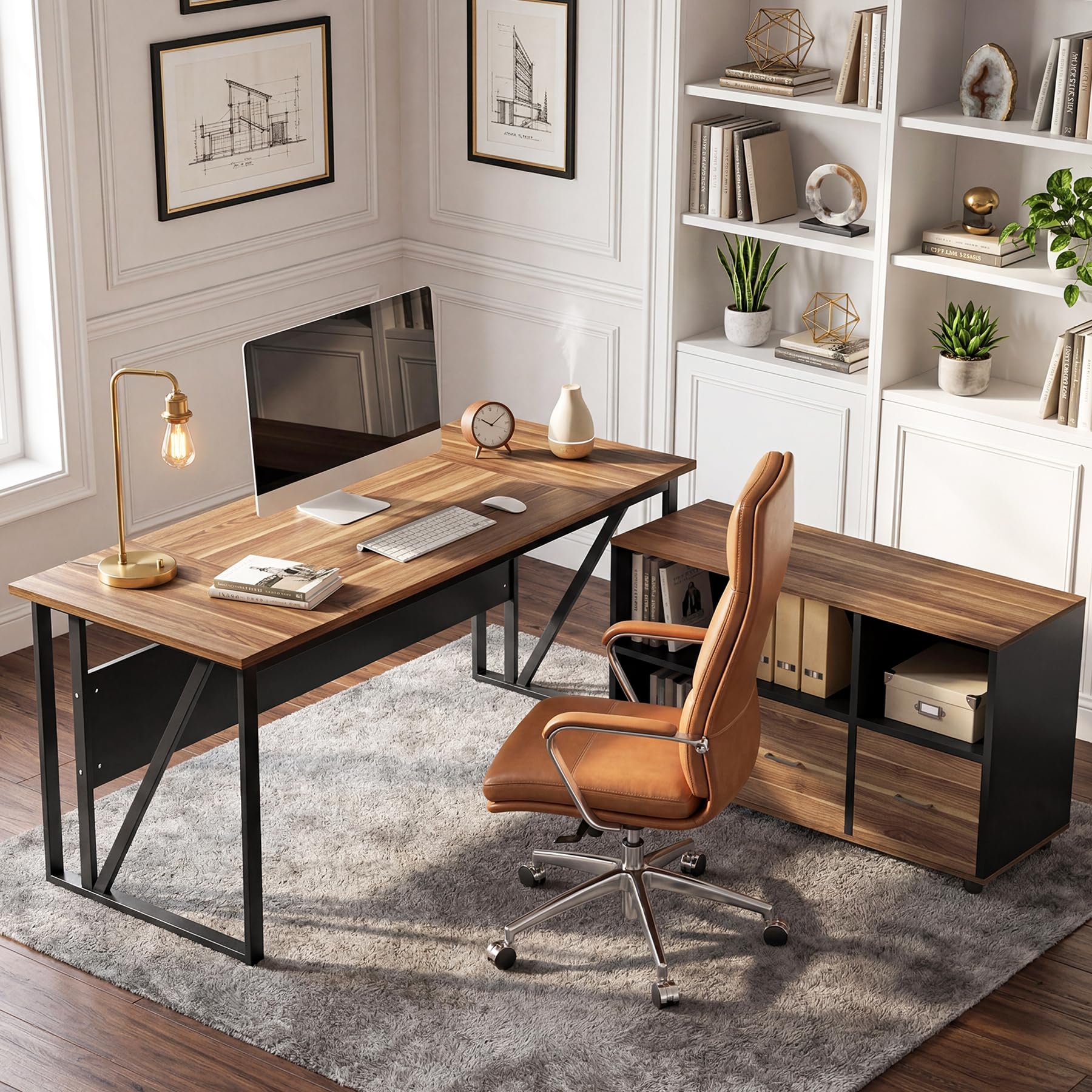 Tribesigns 63-Inch Executive Desk with 47" Mobile File Cabinet, L-Shaped Computer Desk with Drawers & Shelves, Large Industrial Home Office Desk Set with Storage (Dark Brown & Black)