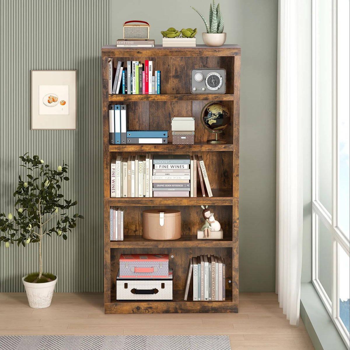PayLessHere 5-Tier Bookcase Bookshelf Wooden Bookshelf with Thickened Laminates for Living Room, Bedroom, Office Open Storage Shelf Study Bookshelves Book Case