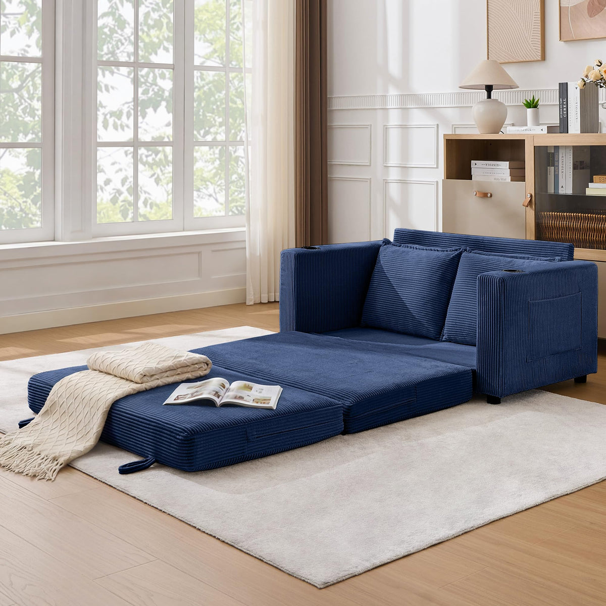 WODNITURE 55.6 in Convertible Sofa Bed, Corduroy Futon Couch, Blue