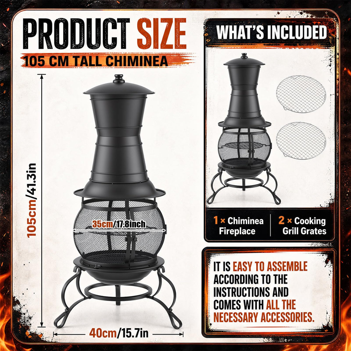 15.7"w x 41.3"h Chiminea Fireplace with 2 BBQ Grill, Wood Burning Fire Pit