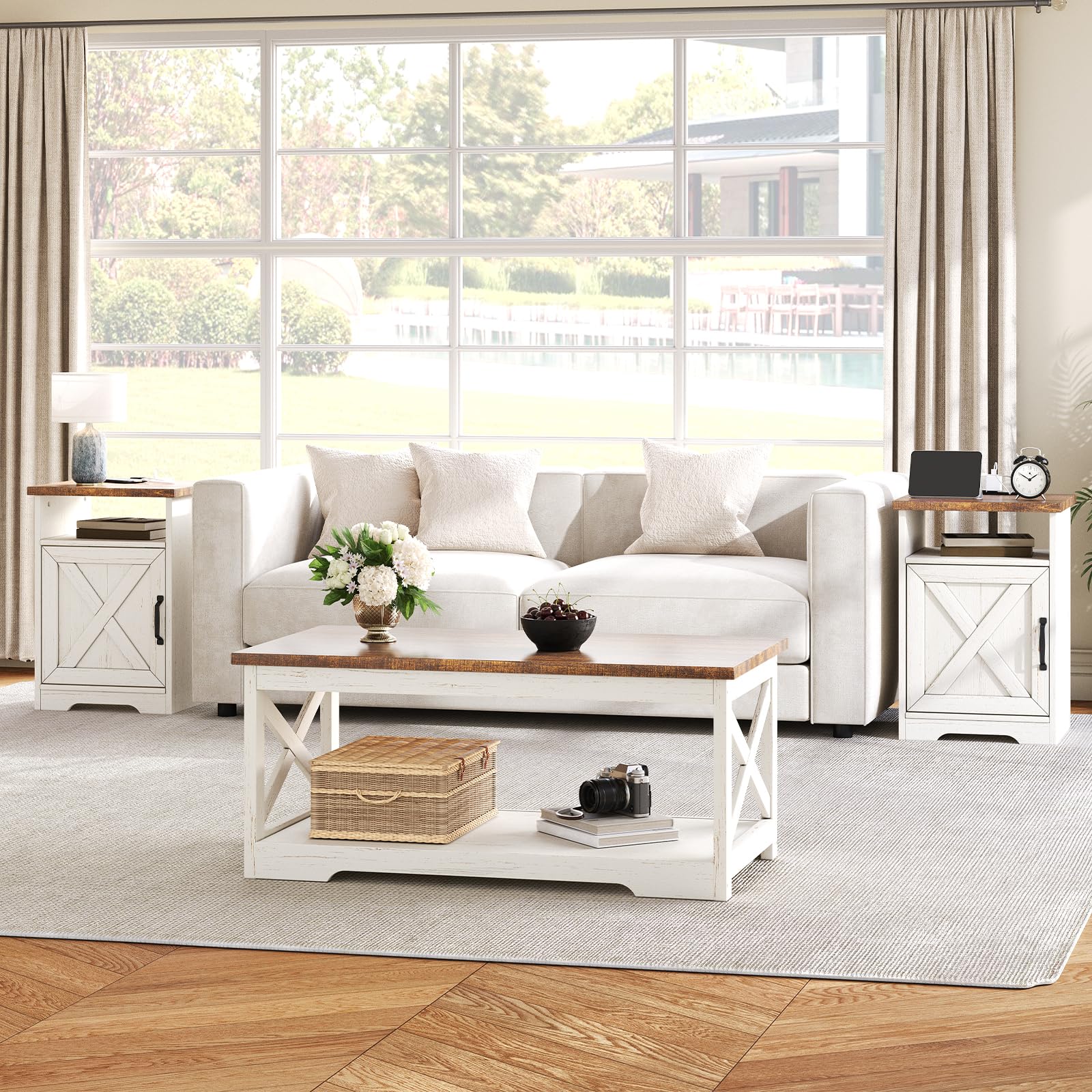 Farmhouse 3-Piece Coffee Table Set with Charging Station