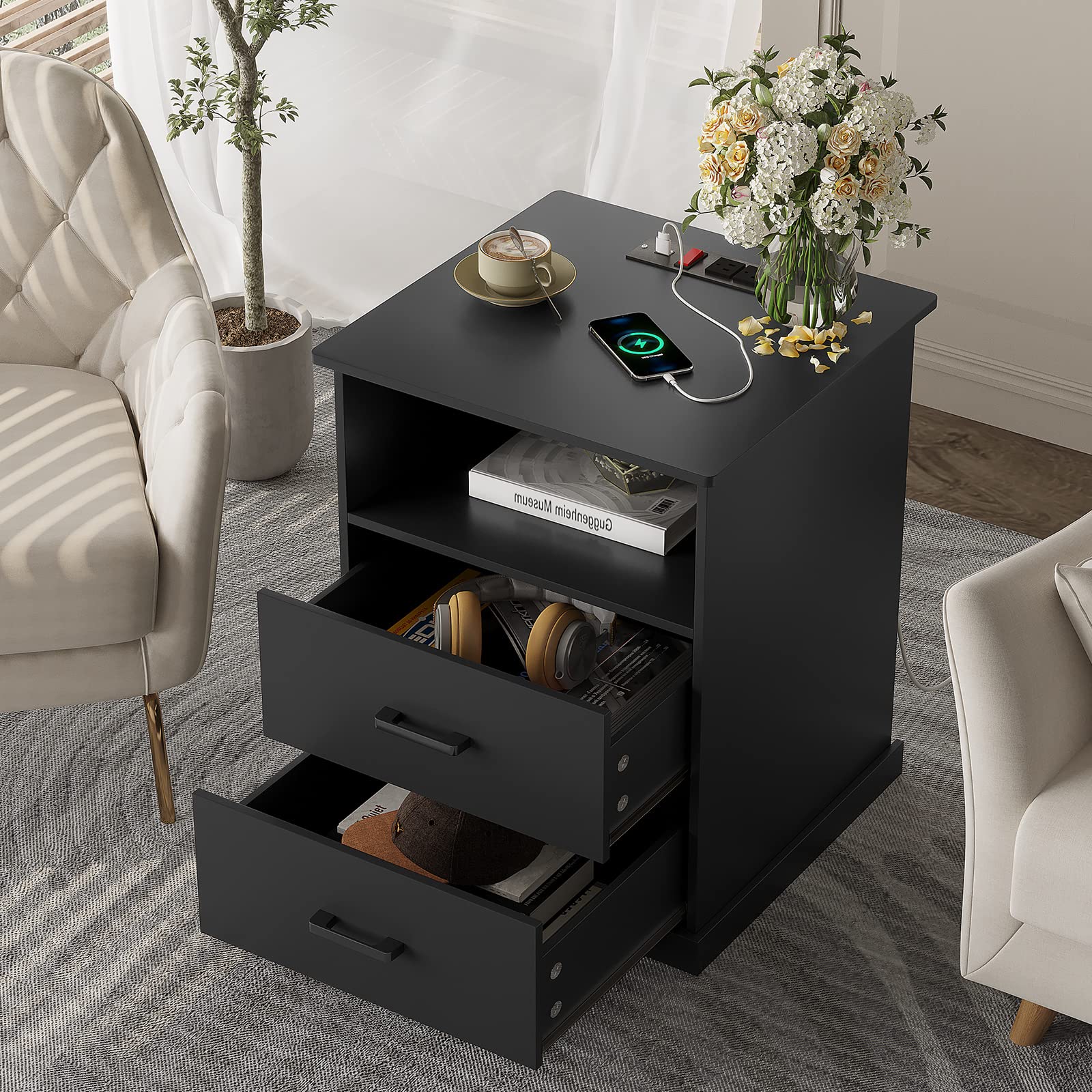 Nightstand with Charging Station & Storage Drawers