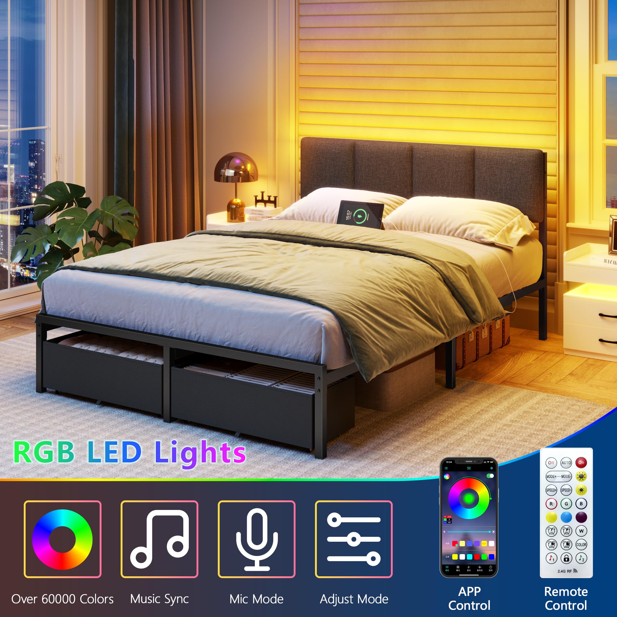 Full Size Bed Frame with LED Lighting & Storage Drawers