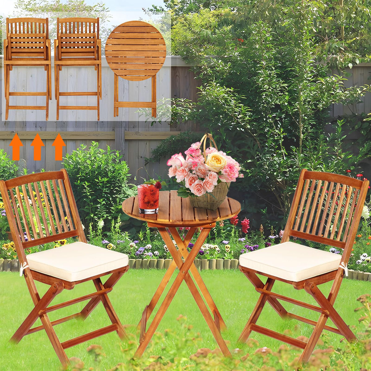 S AFSTAR Bistro Table and Chairs Set of 2, Acacia Wood Folding Bistro Set for 2 with Detachable Soft Cushions, 3PC Outdoor Wood Bistro Set for Patio, Balcony, Garden & Yard (Natural Color)
