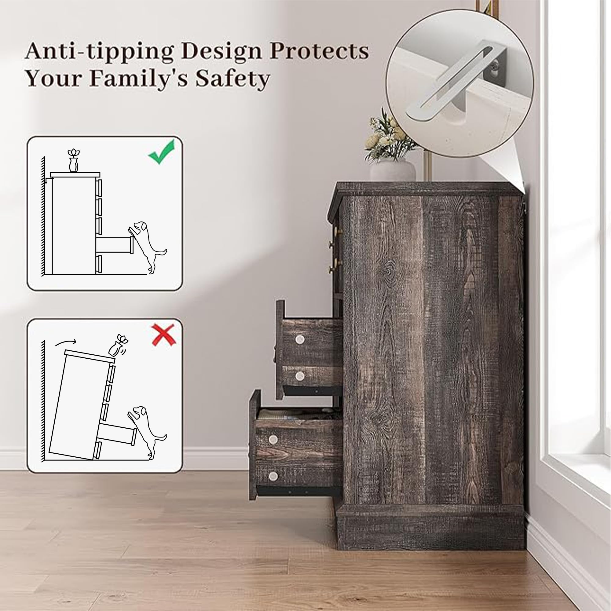 EnHomee 8 Drawers Dresser with Power Outlets and LED Lights,55" W Rustic Wooden Dressers & Chests of Drawers for Bedroom, Hallway, Rustic Oak, 55" W x 34.5" H x 15.7" D