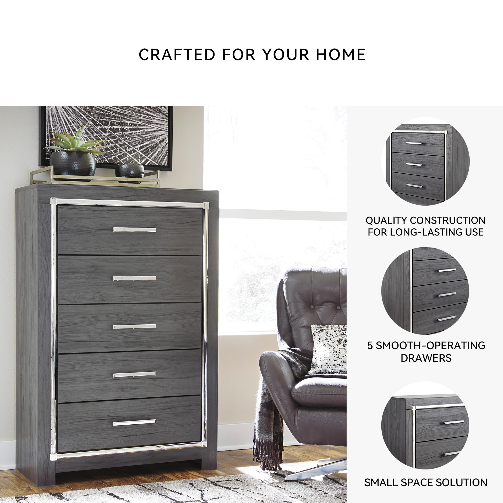 Signature Design by Ashley Lodanna Modern Glam 5 Drawer Chest, Faceted Chrome-tone Pulls and Accents, Wood, 33.75" Wide x 15.75" Deep x 51" High, Gray