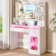 Glass Top Vanity Desk with LED Mirror & Lights