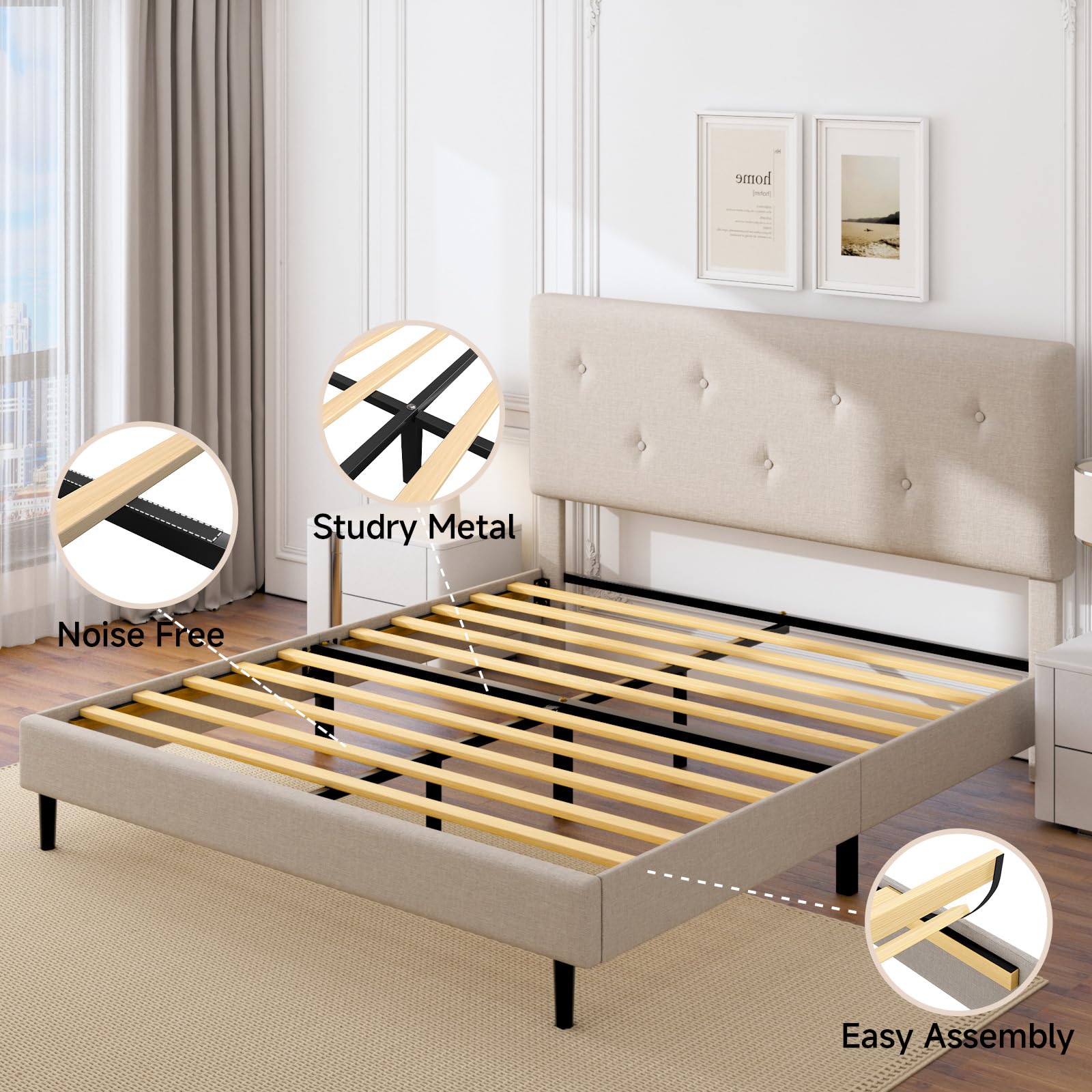Linen Upholstered Platform Bed Frame with Adjustable Headboard & Wooden Slats