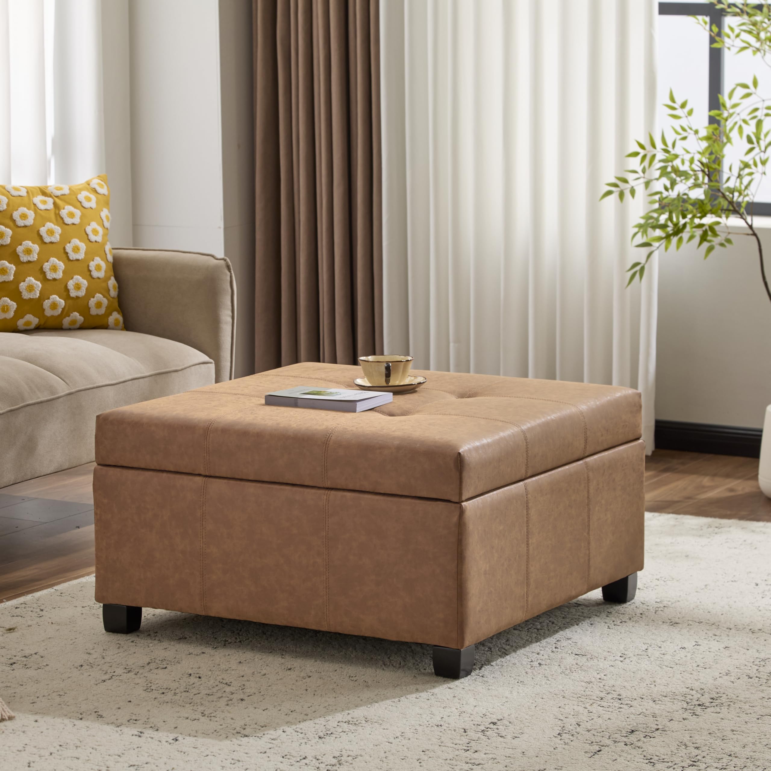 Square Storage Ottoman with Tufted Faux Leather & Wood Legs