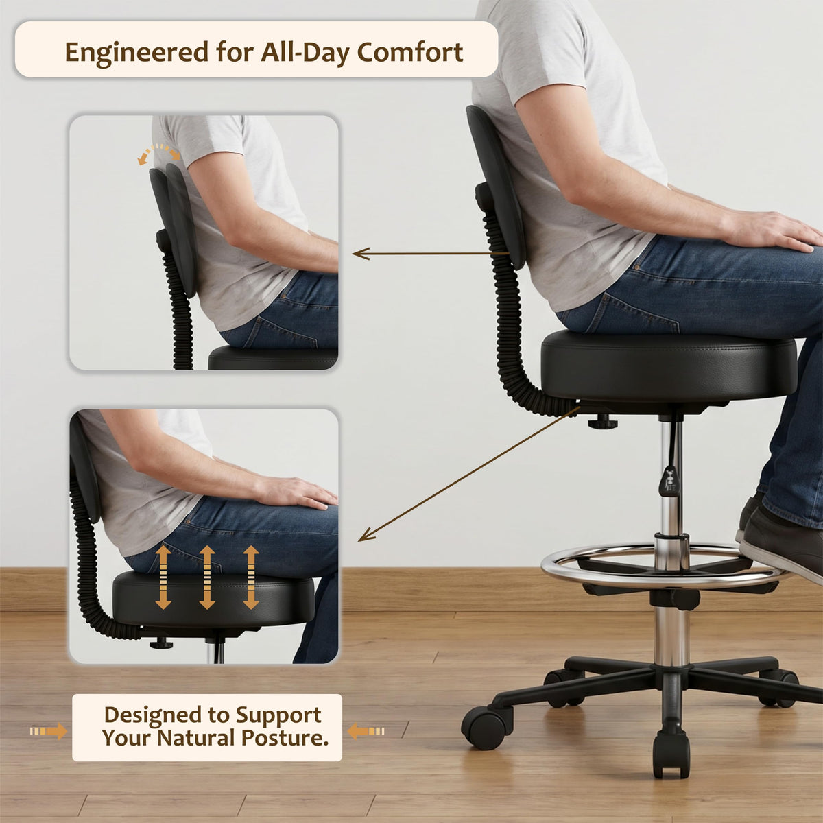 Flumpent Drafting Chair, Adjustable Height & Footrest, Swivel, Black