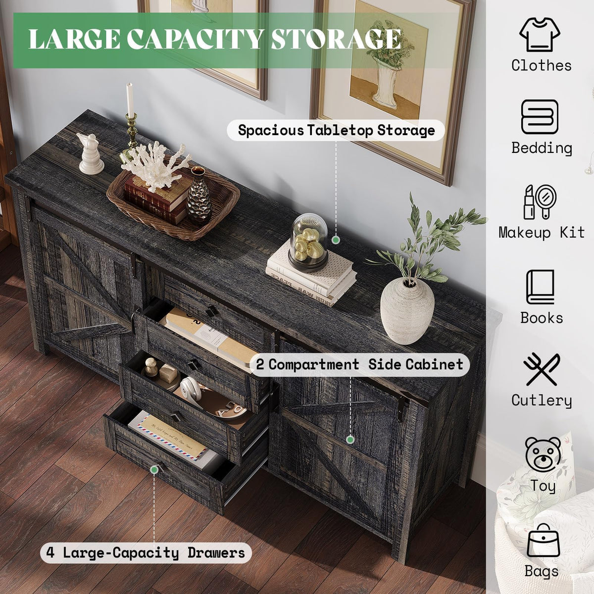 AMERLIFE 3-Piece Black Farmhouse Bedroom Set with Full Bed & 2 Dressers