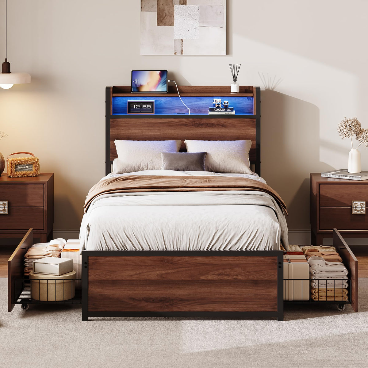 LIKIMIO Twin XL Bed Frames with 2 Large Drawers, Charging Station & RGB LED